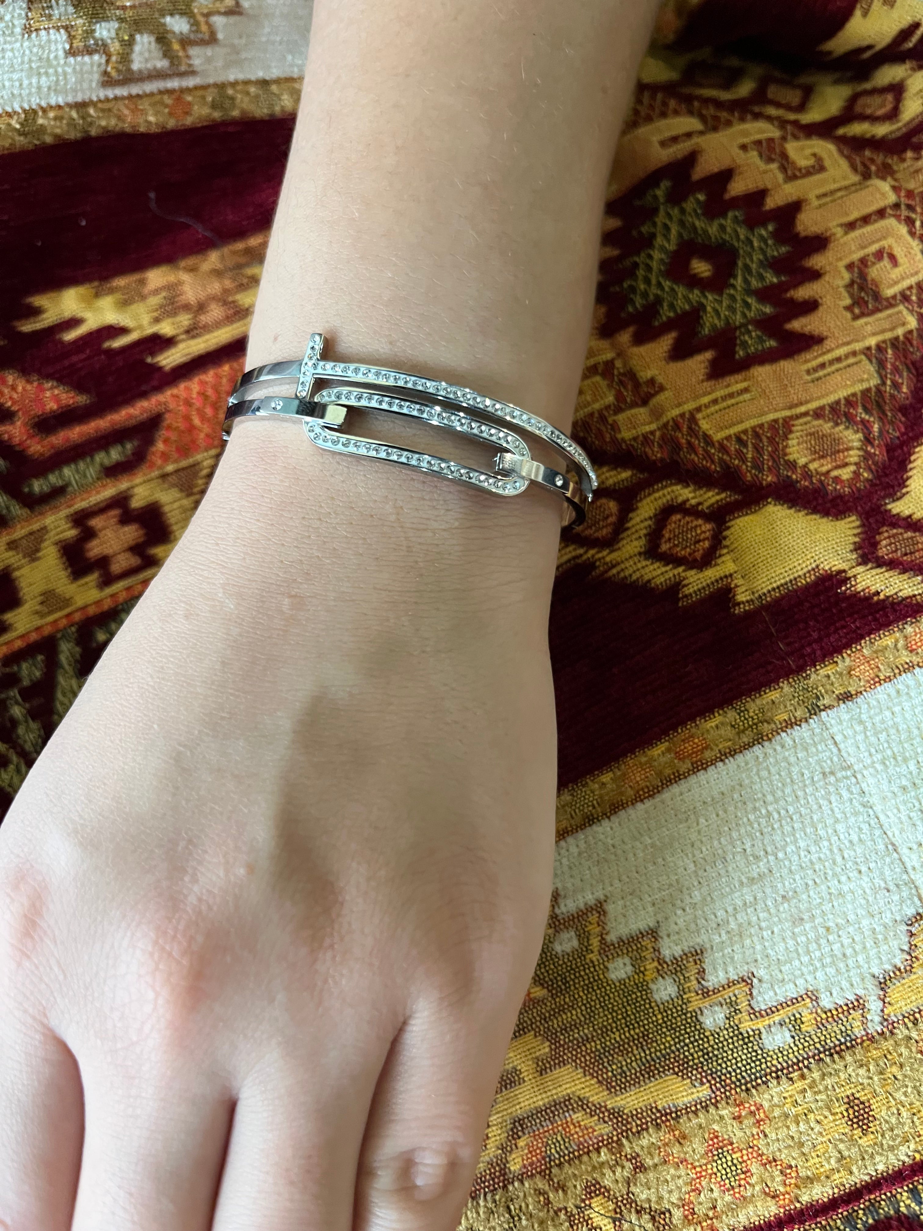 Stainless Steel Zircon Ornated Bangle Bracelet - SCBR1N8 - BUJIX