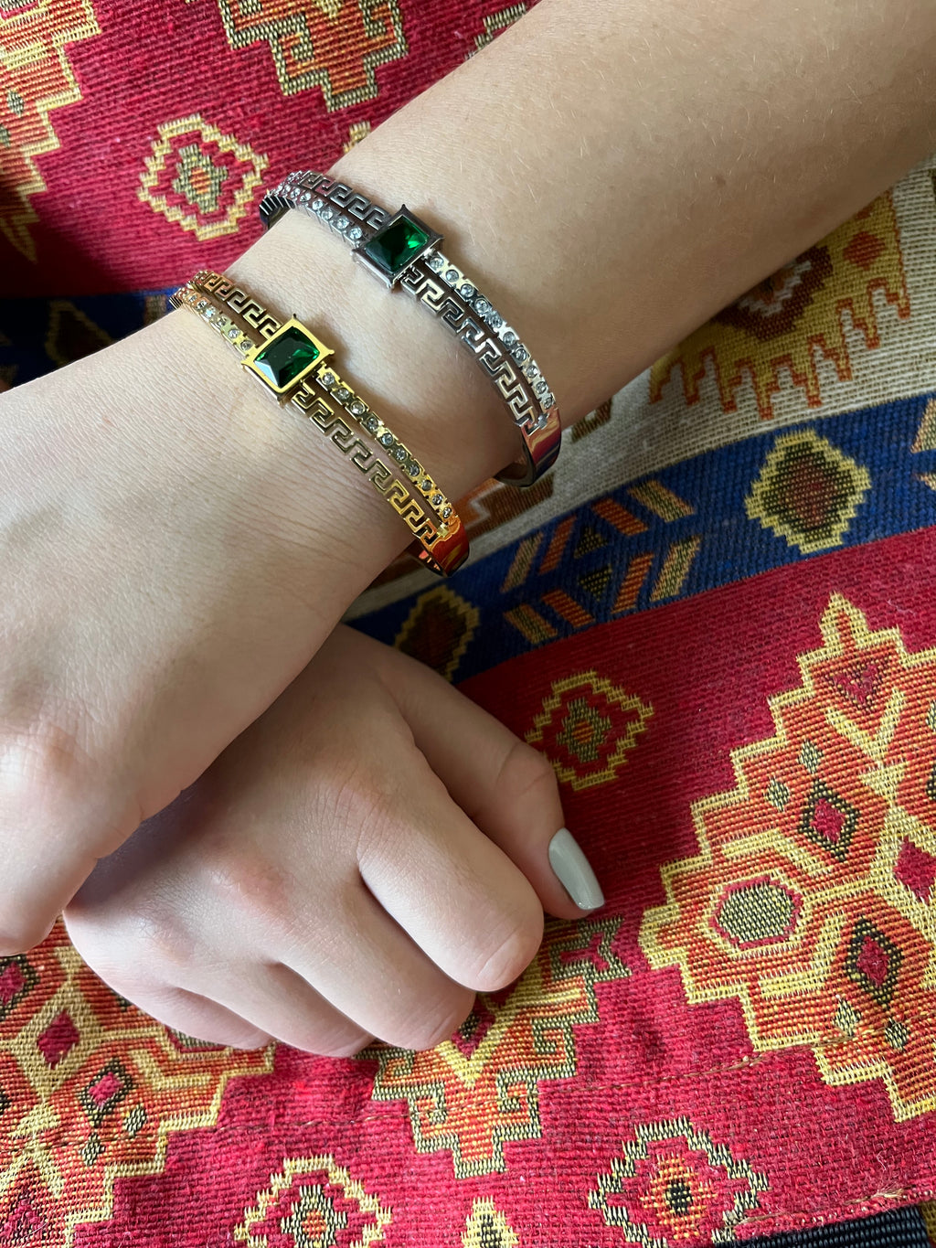 Stainless Steel Bangle Bracelet with Green Stone - SCBR3N05 - BUJIX