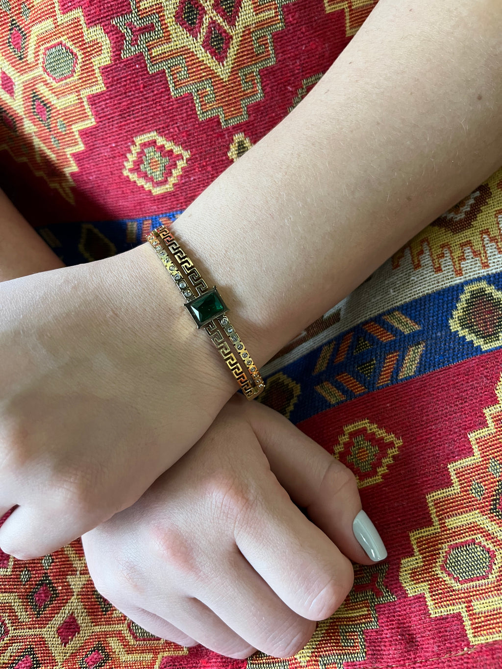 Stainless Steel Bangle Bracelet with Green Stone - SCBR3N05 - BUJIX