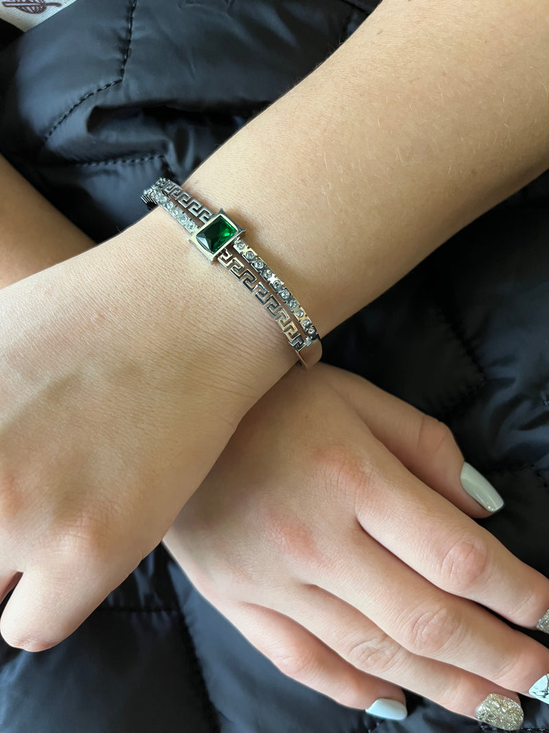 Stainless Steel Bangle Bracelet with Green Stone - SCBR3N05 - BUJIX