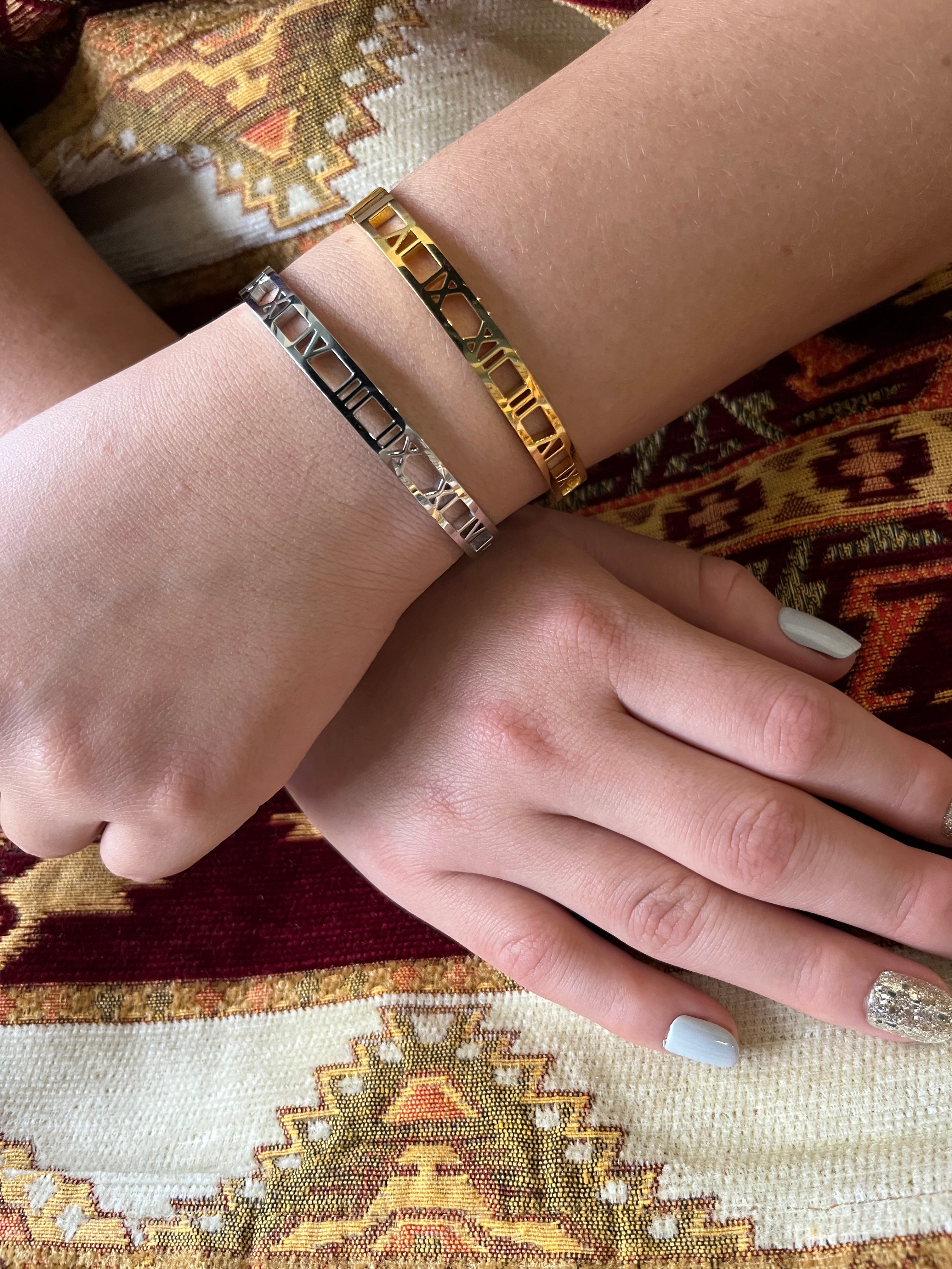 Stainless Steel Cuff Bracelet with Roman Numerals - SCBR4N08 - BUJIX