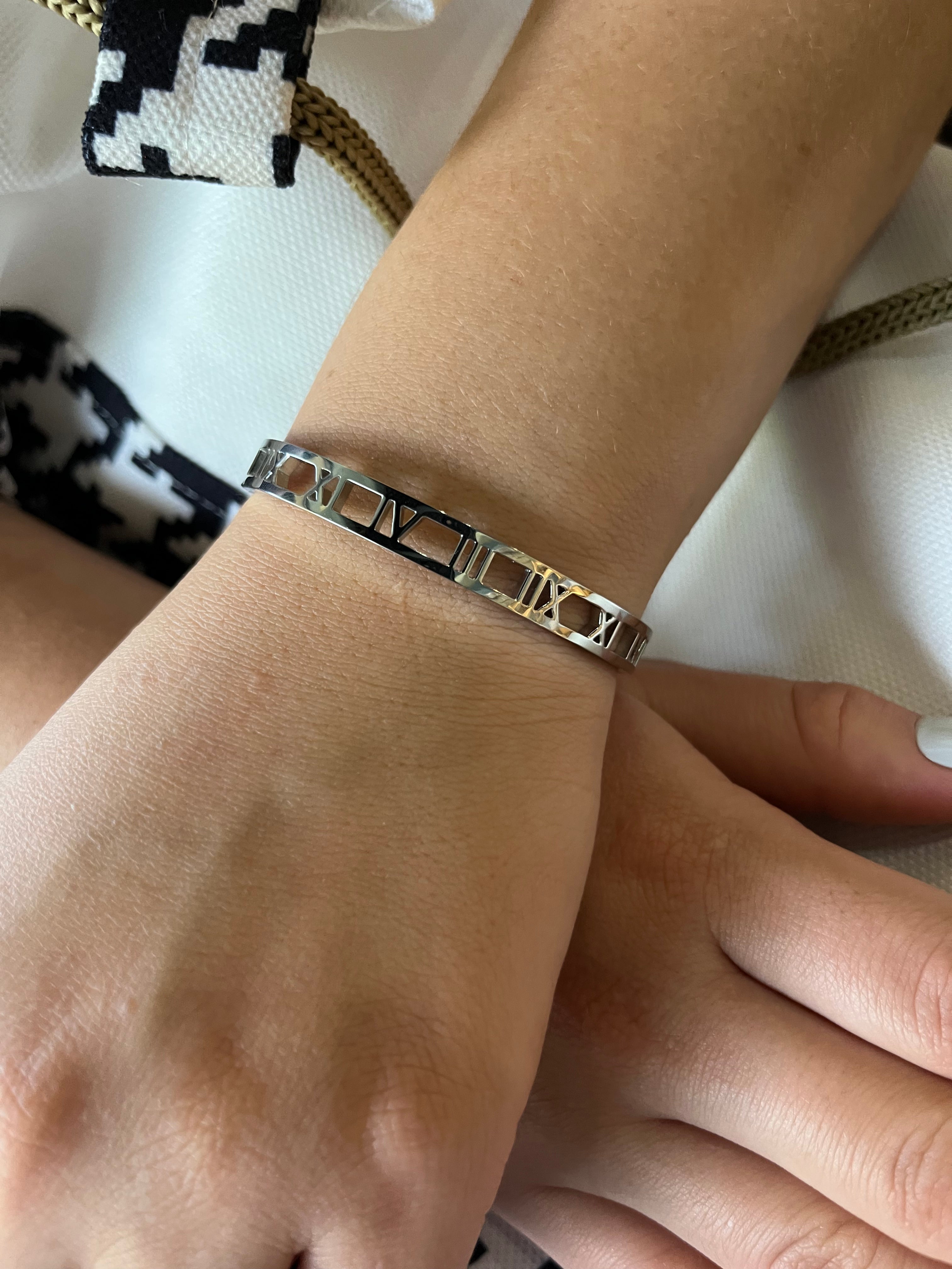 Stainless Steel Cuff Bracelet with Roman Numerals - SCBR4N08 - BUJIX