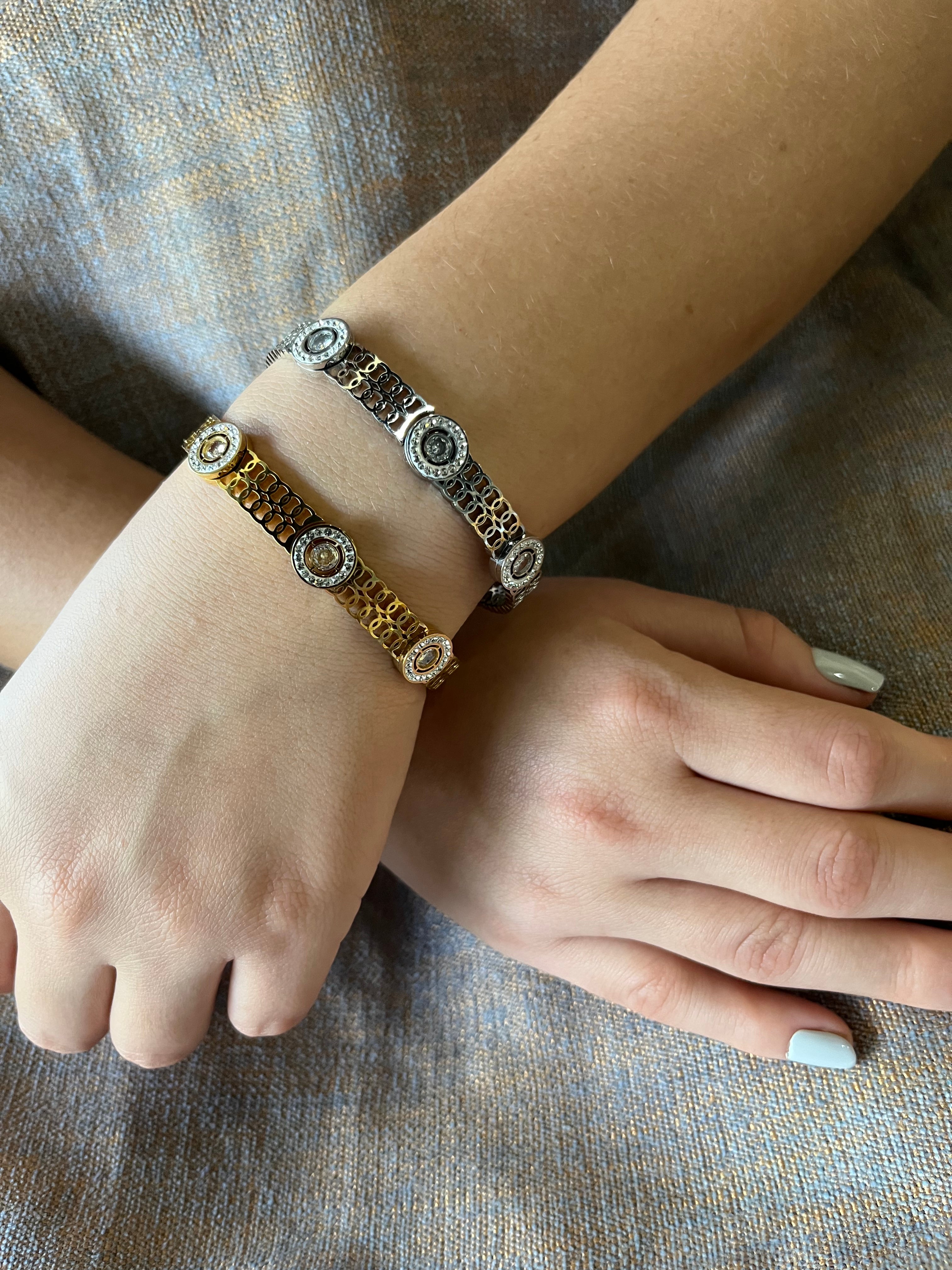 Stainless Steel Cuff Bracelet with Round Ornaments - SCBR4N09 - BUJIX