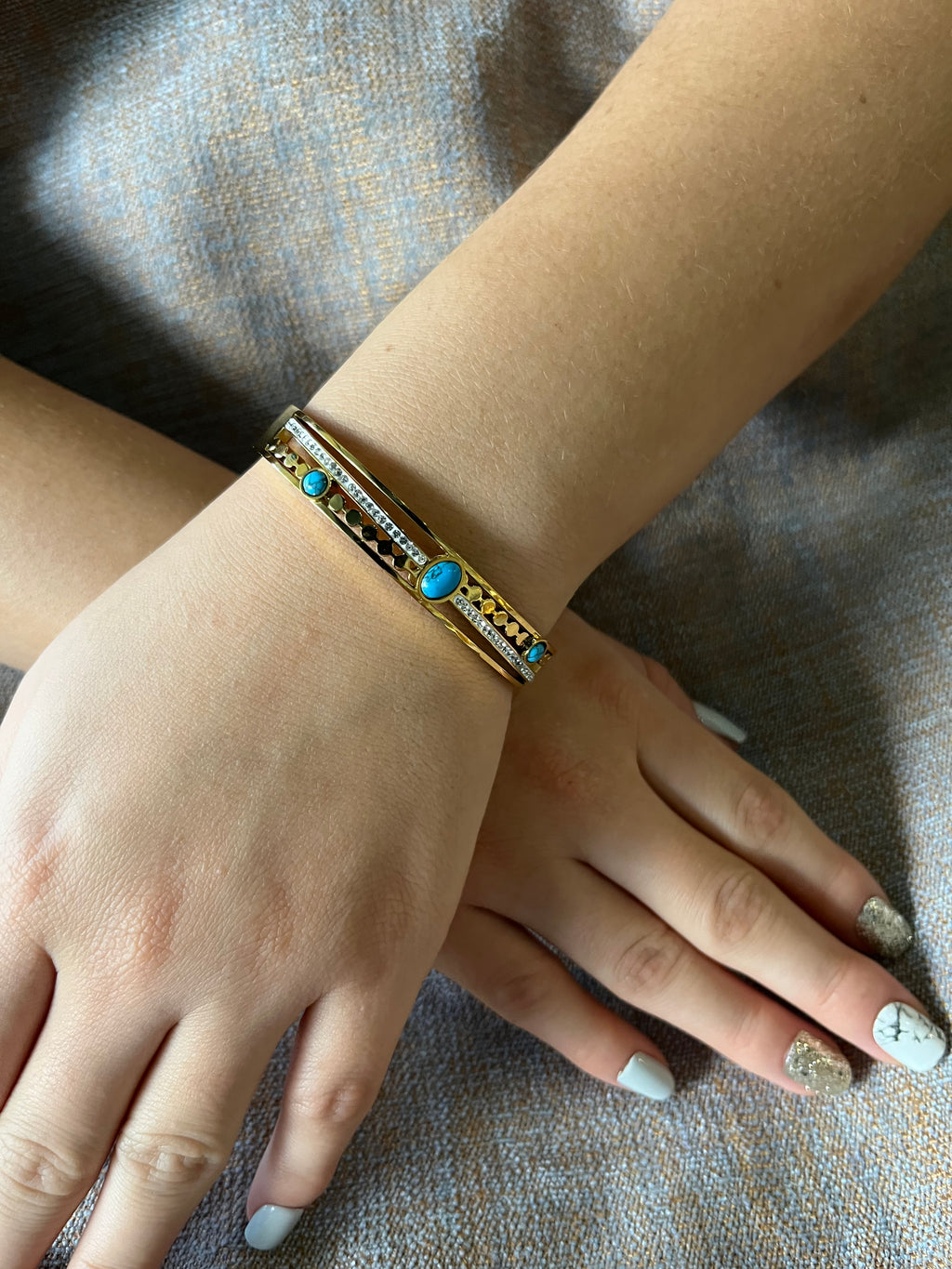 Stainless Steel Paved Zircon Bracelet with Turquoise Stone - SCBR5N07 - BUJIX