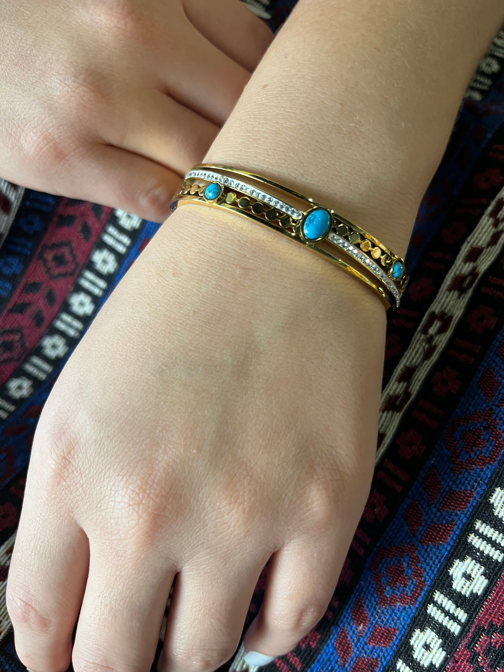 Stainless Steel Paved Zircon Bracelet with Turquoise Stone - SCBR5N07 - BUJIX