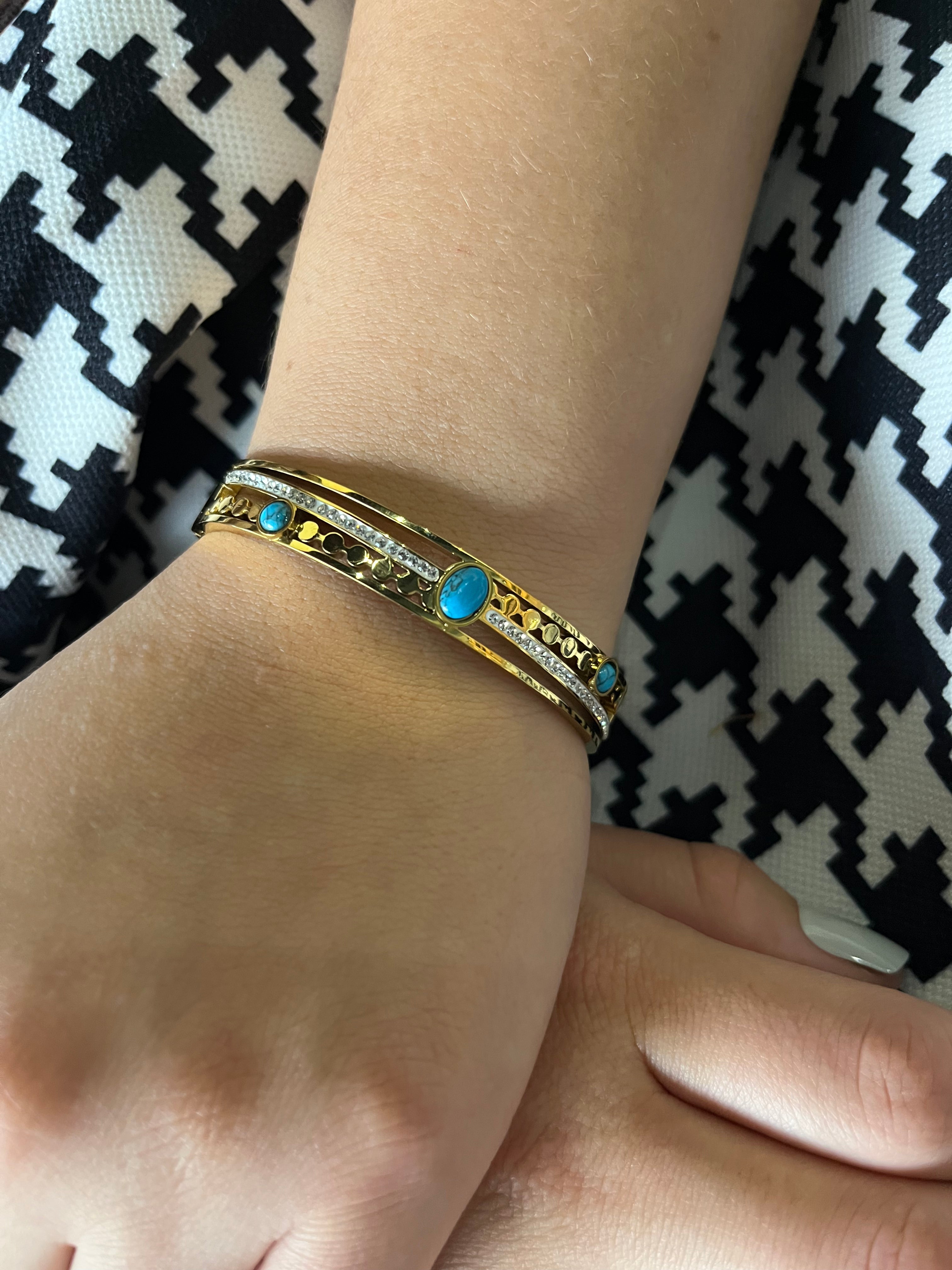 Stainless Steel Paved Zircon Bracelet with Turquoise Stone - SCBR5N07 - BUJIX