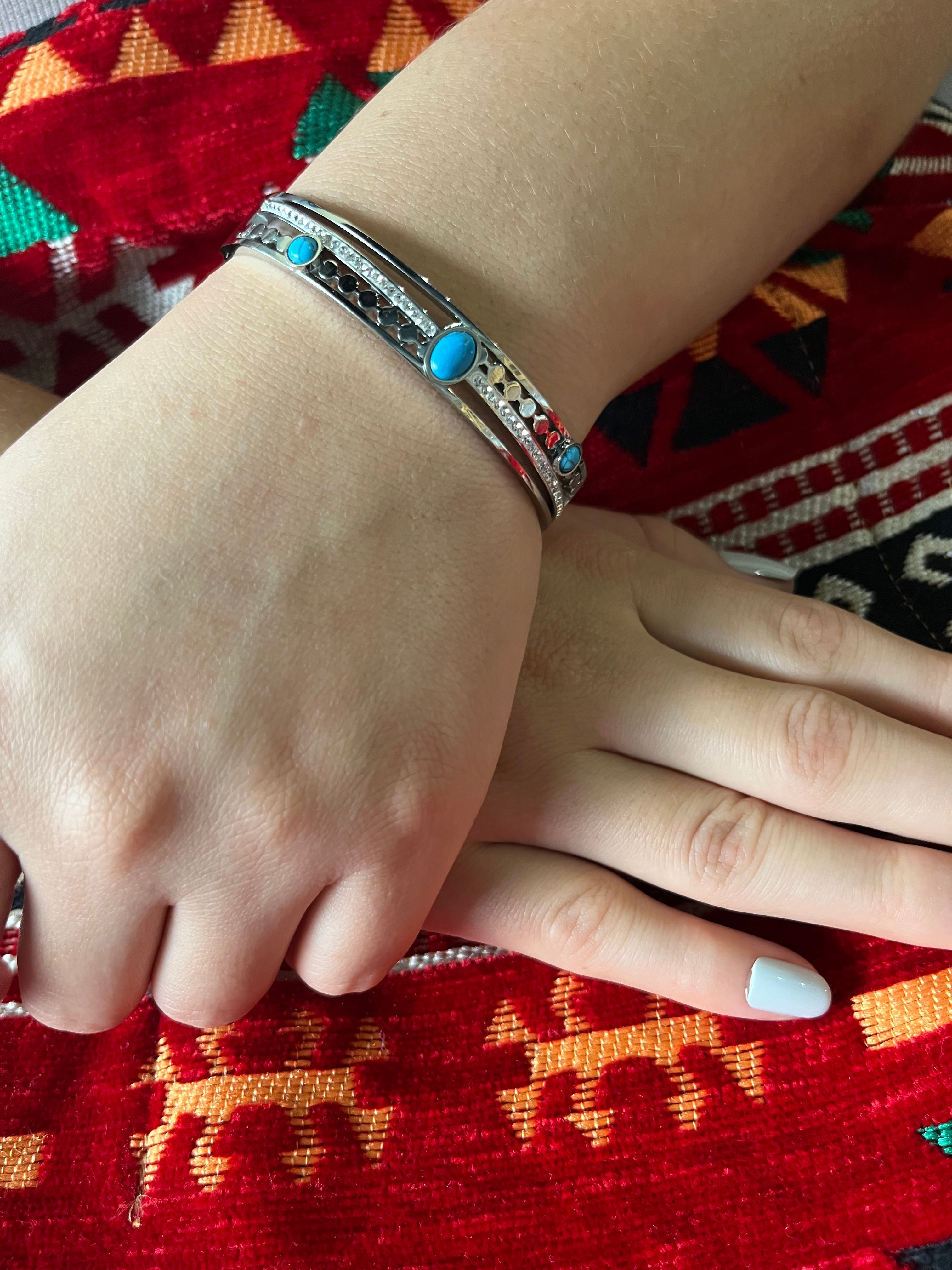 Stainless Steel Paved Zircon Bracelet with Turquoise Stone - SCBR5N07 - BUJIX