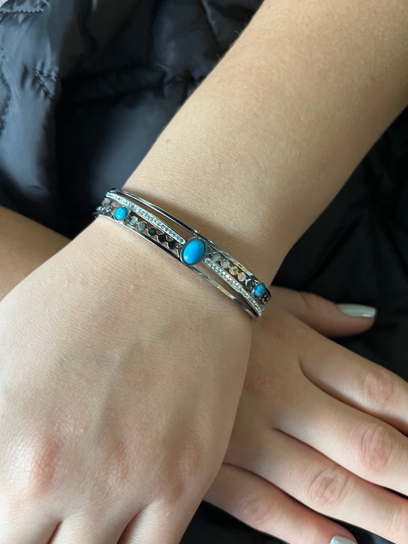 Stainless Steel Paved Zircon Bracelet with Turquoise Stone - SCBR5N07 - BUJIX