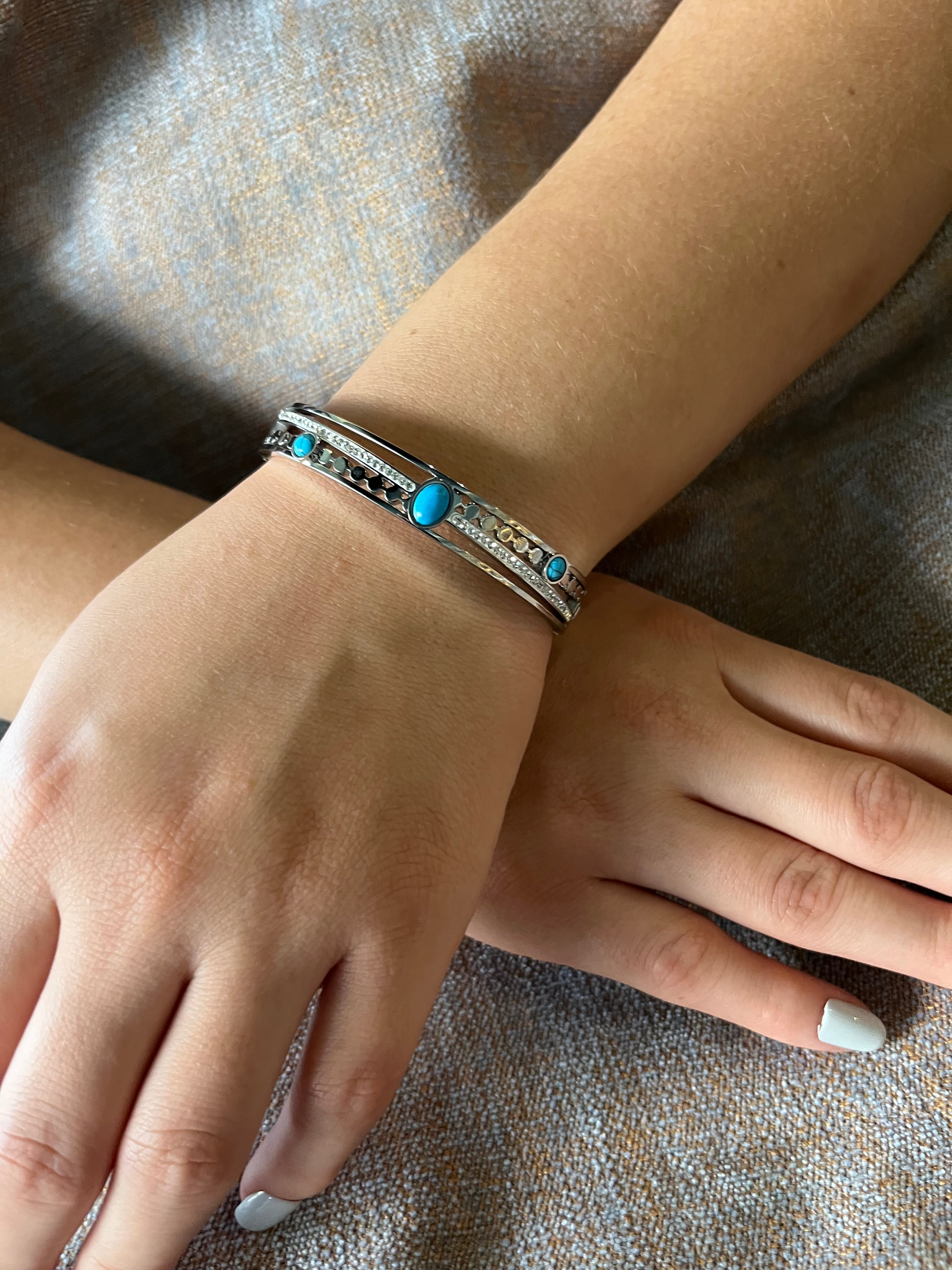 Stainless Steel Paved Zircon Bracelet with Turquoise Stone - SCBR5N07 - BUJIX