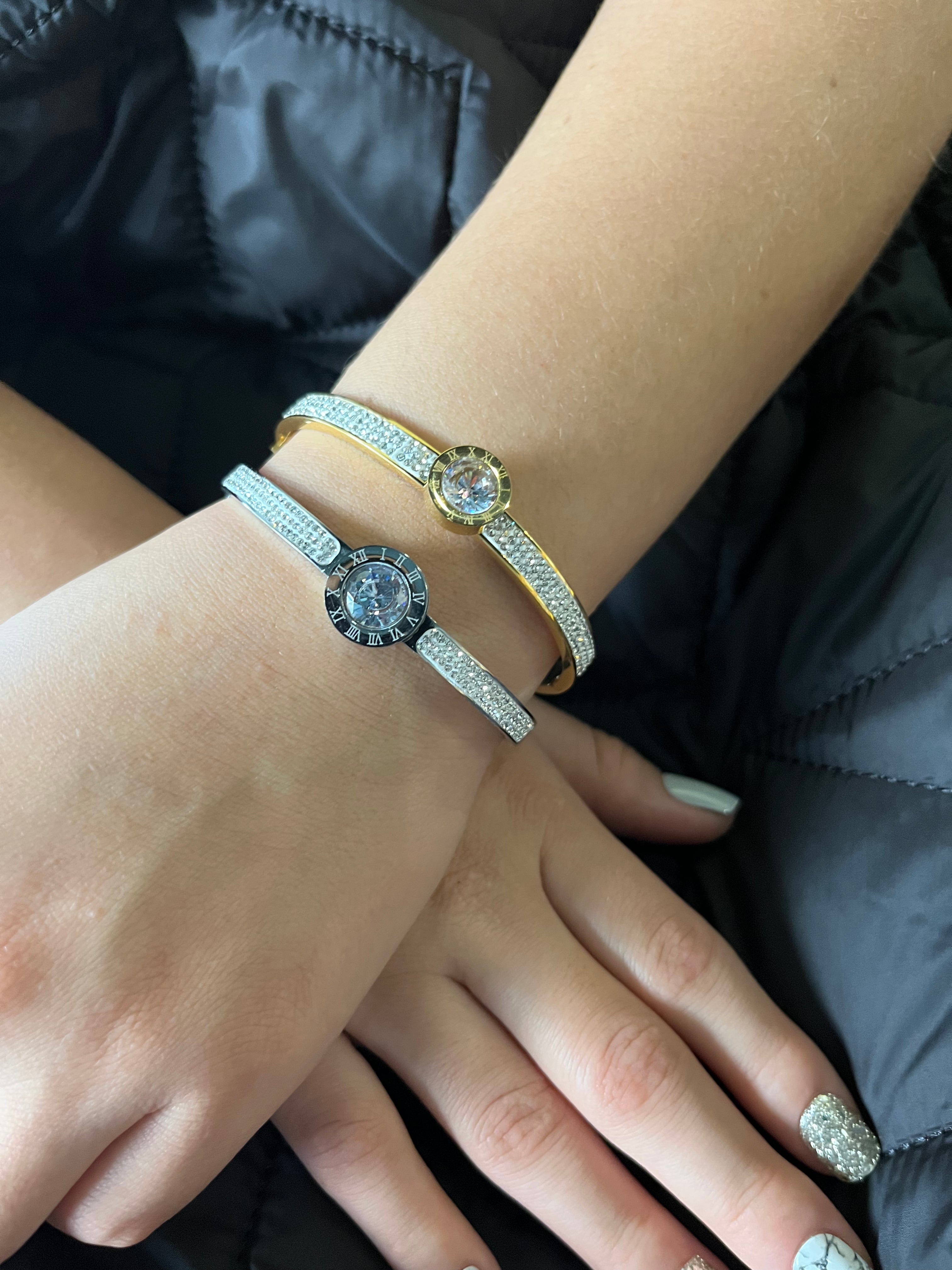 Stainless Steel Roman Numeral Bracelet with Paved Zircon - SCBR5N09 - BUJIX