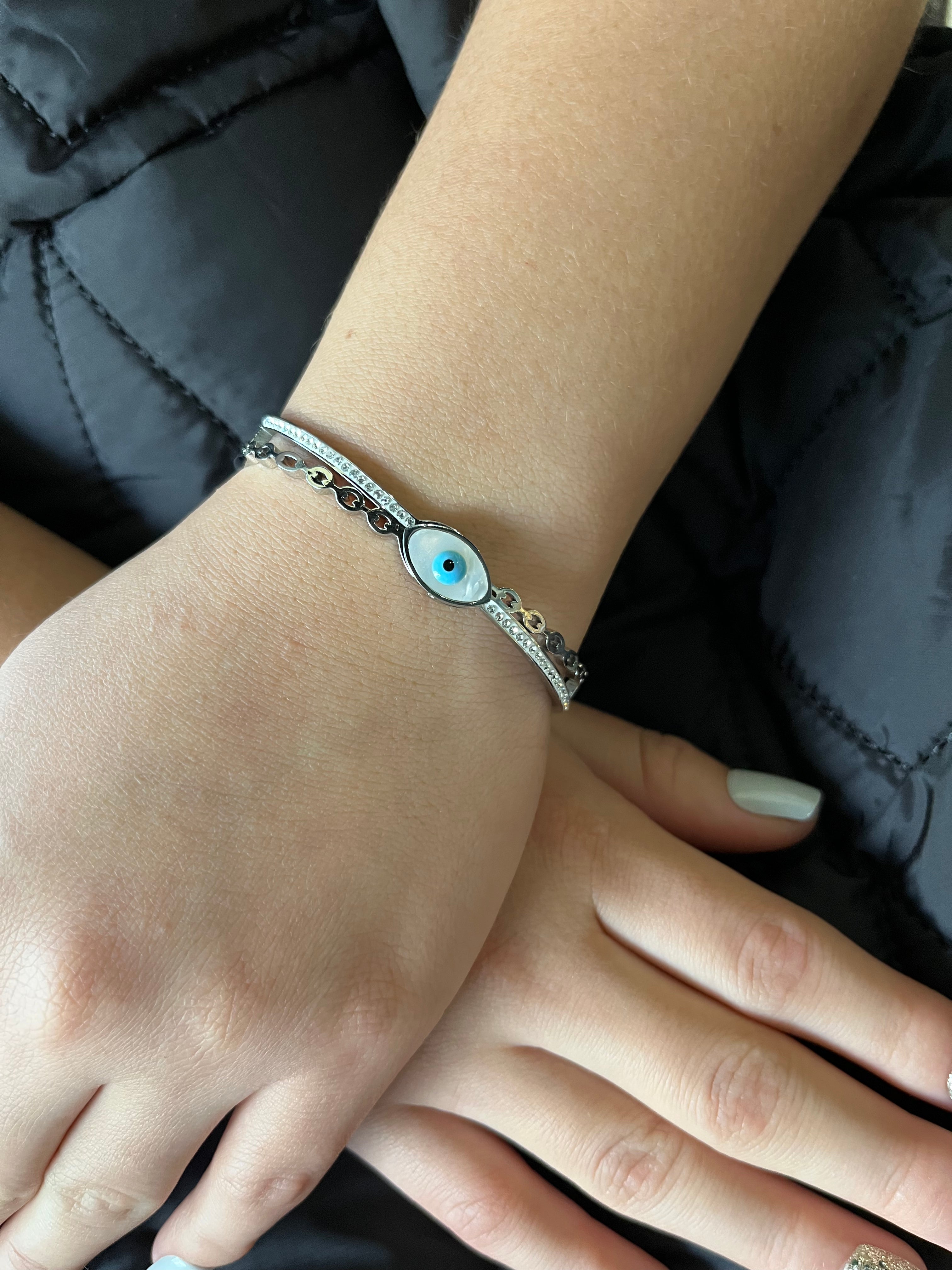Stainless Steel Evil Eye Bracelet with Paved Zircon - SCBR6N04 - BUJIX
