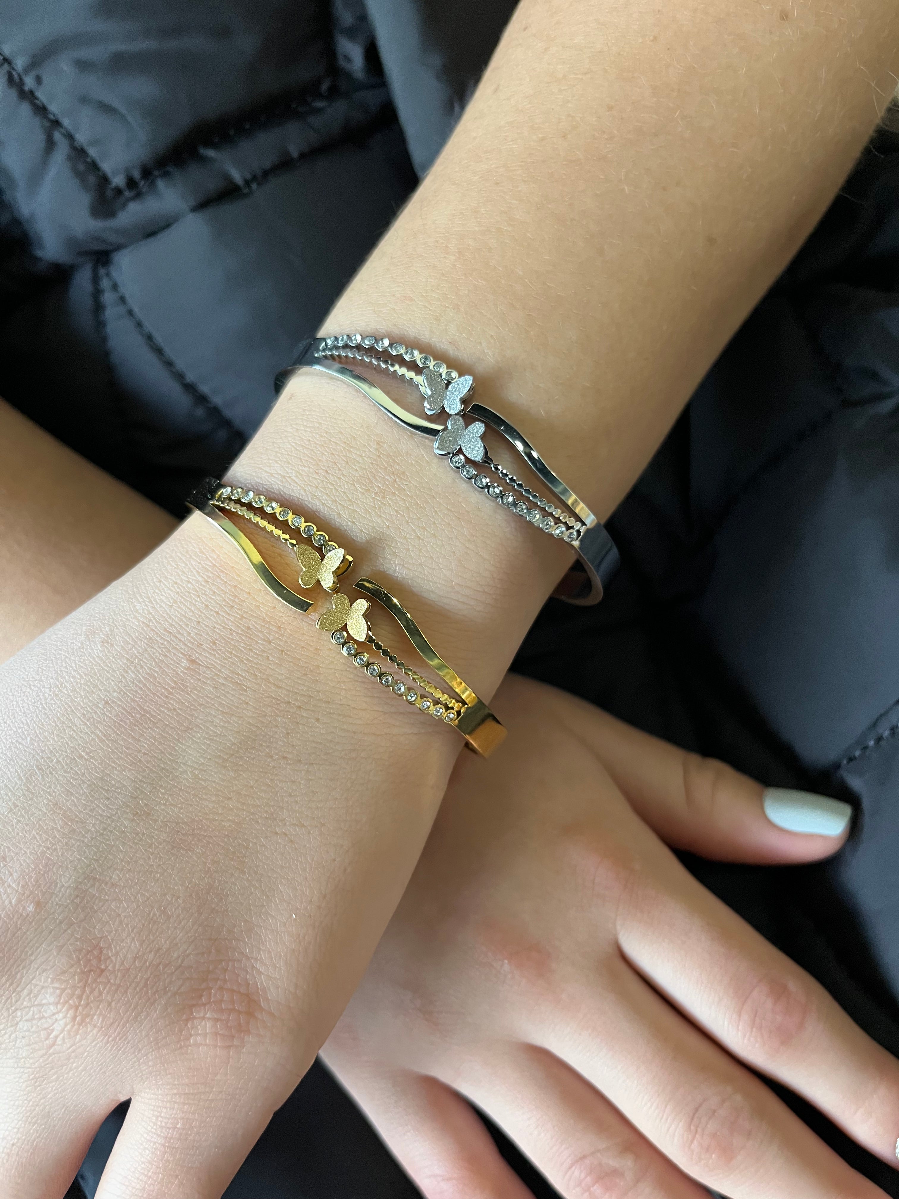 Stainless Steel Butterfly Bracelet with Zircon Stones - SCBR6N05 - BUJIX