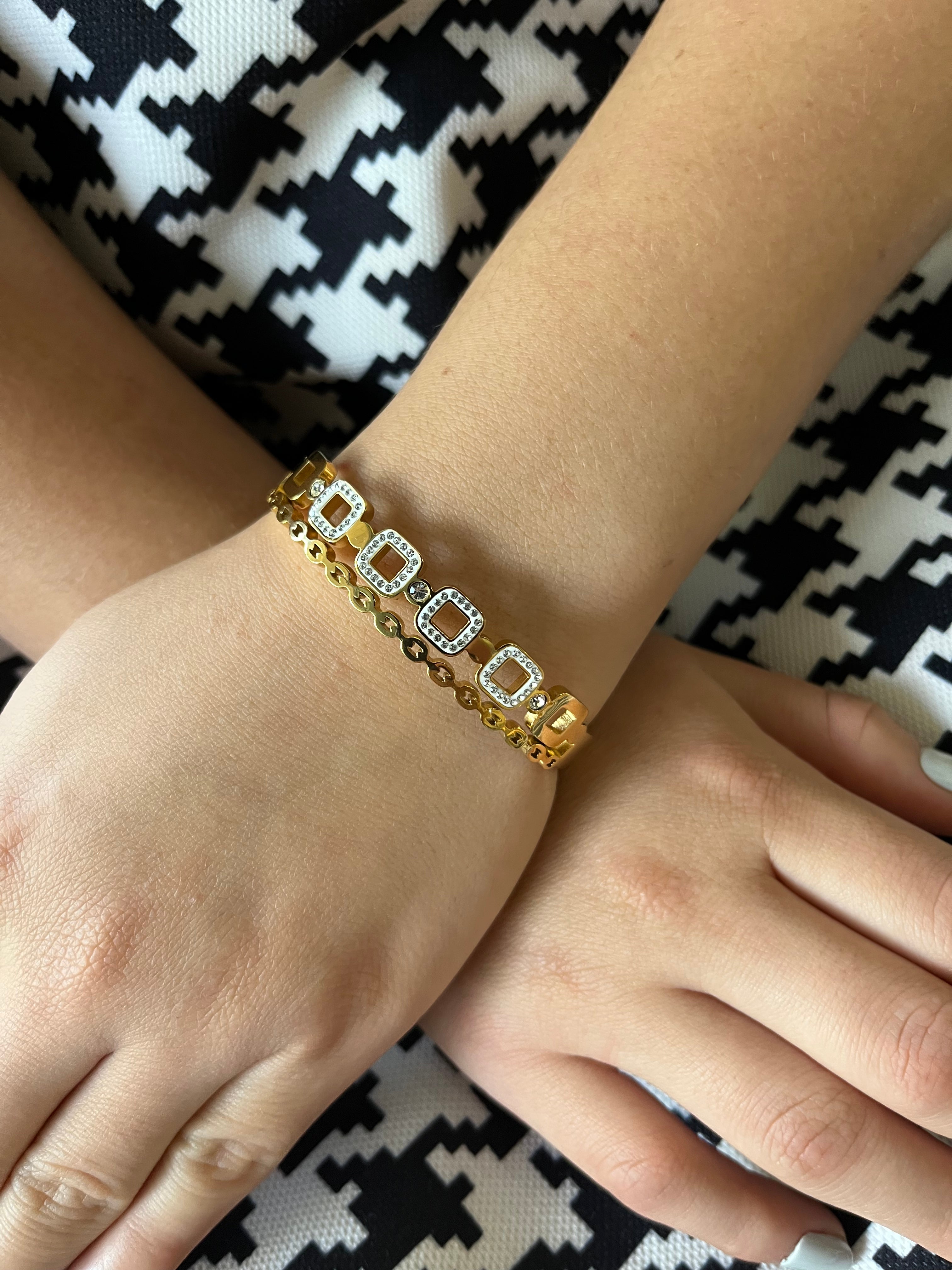 Stainless Steel Bangle Bracelet with White Ornaments - SCBR8N12 - BUJIX