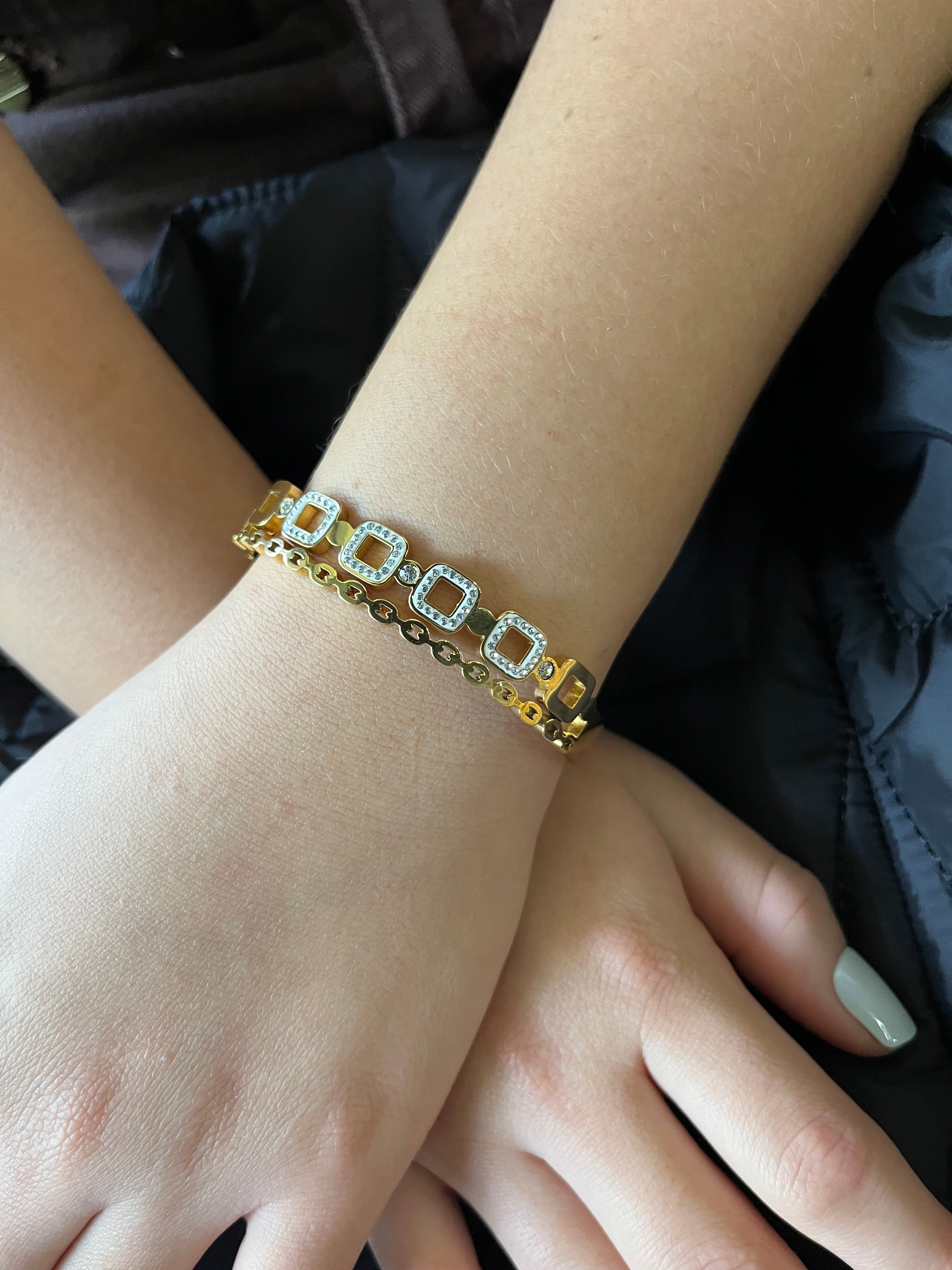 Stainless Steel Bangle Bracelet with White Ornaments - SCBR8N12 - BUJIX