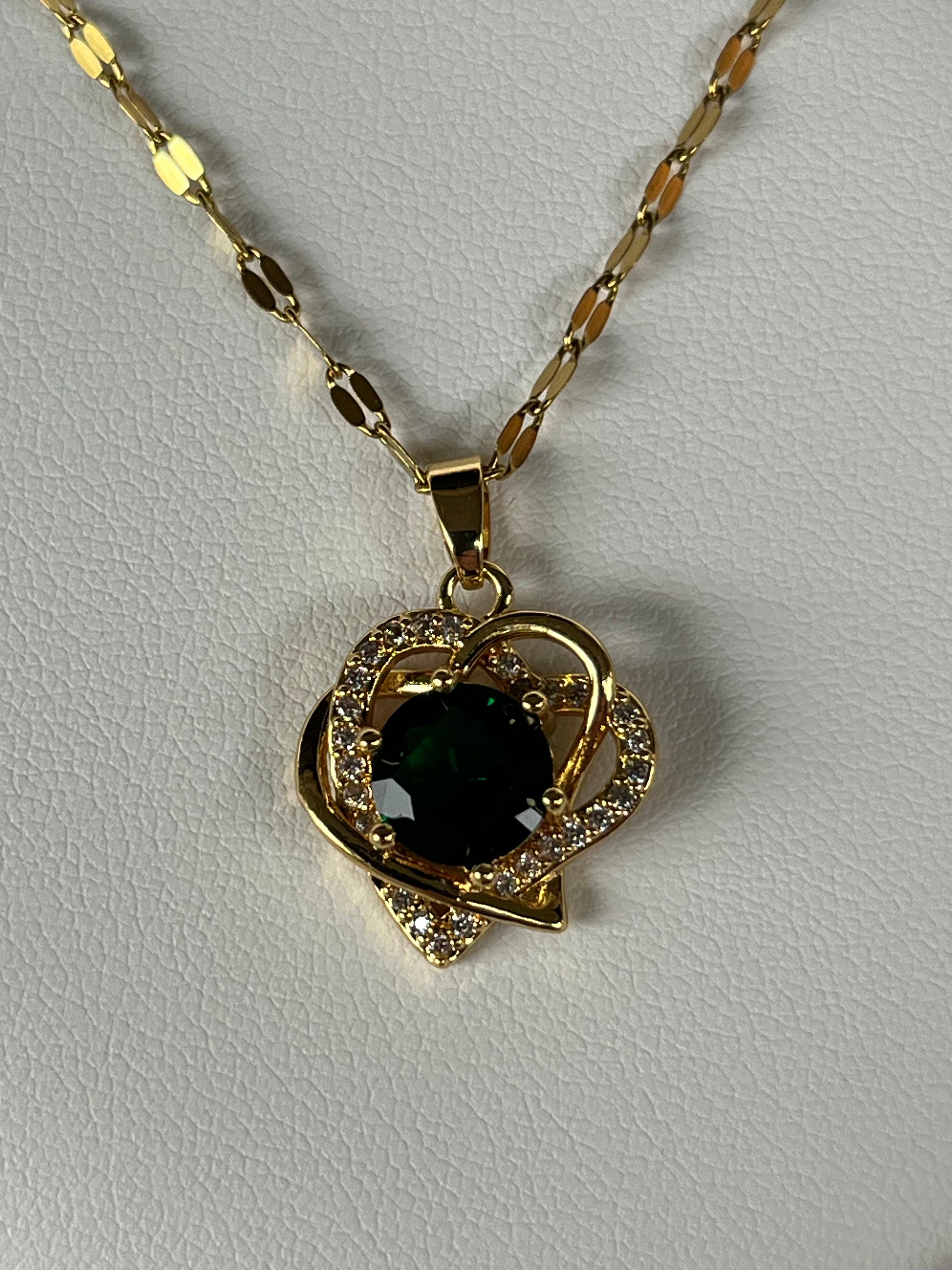 Stainless Steel Green Gemstone Necklace - BUJIX