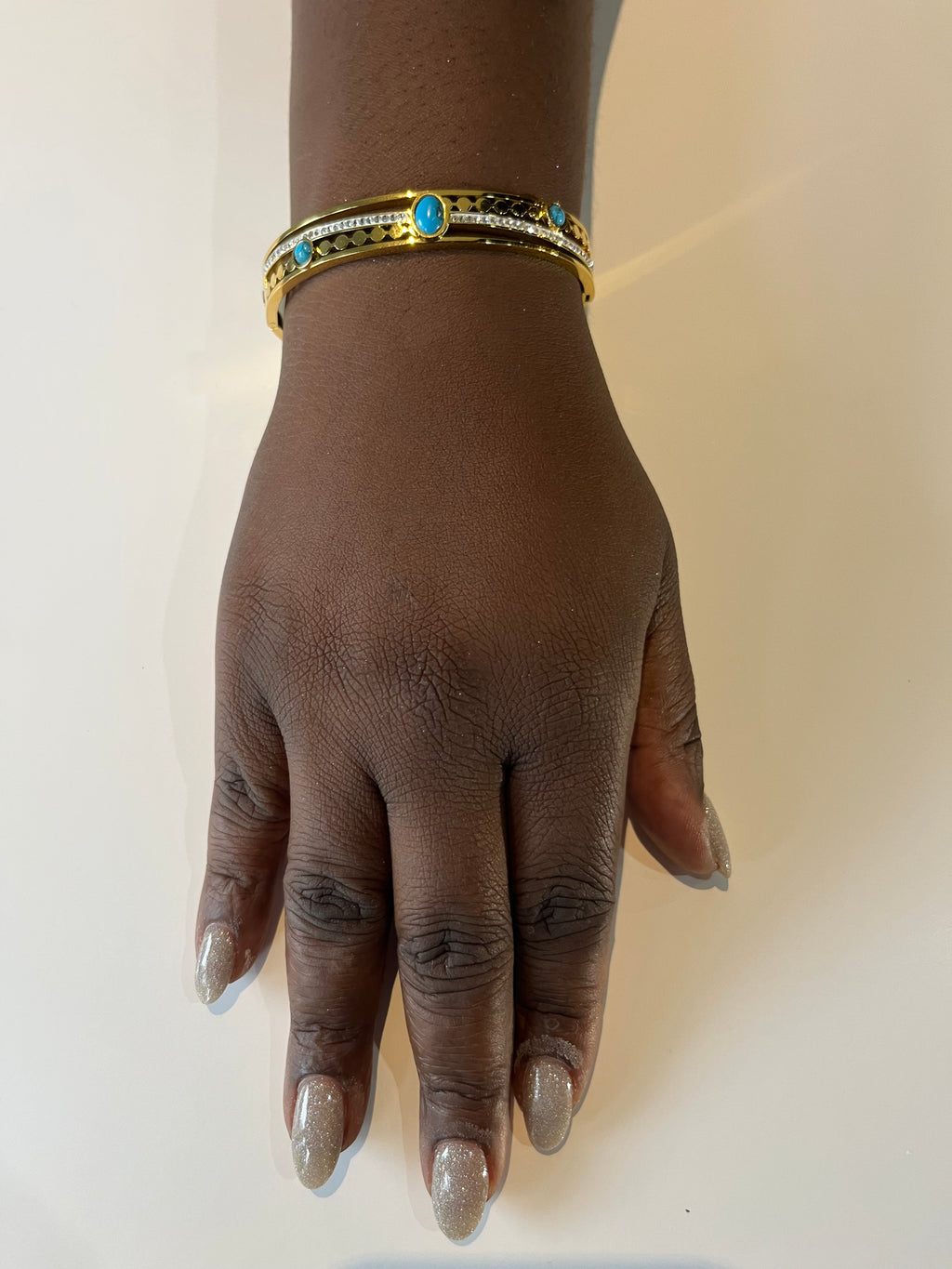 Stainless Steel Paved Zircon Bracelet with Turquoise Stone - SCBR5N07 - BUJIX