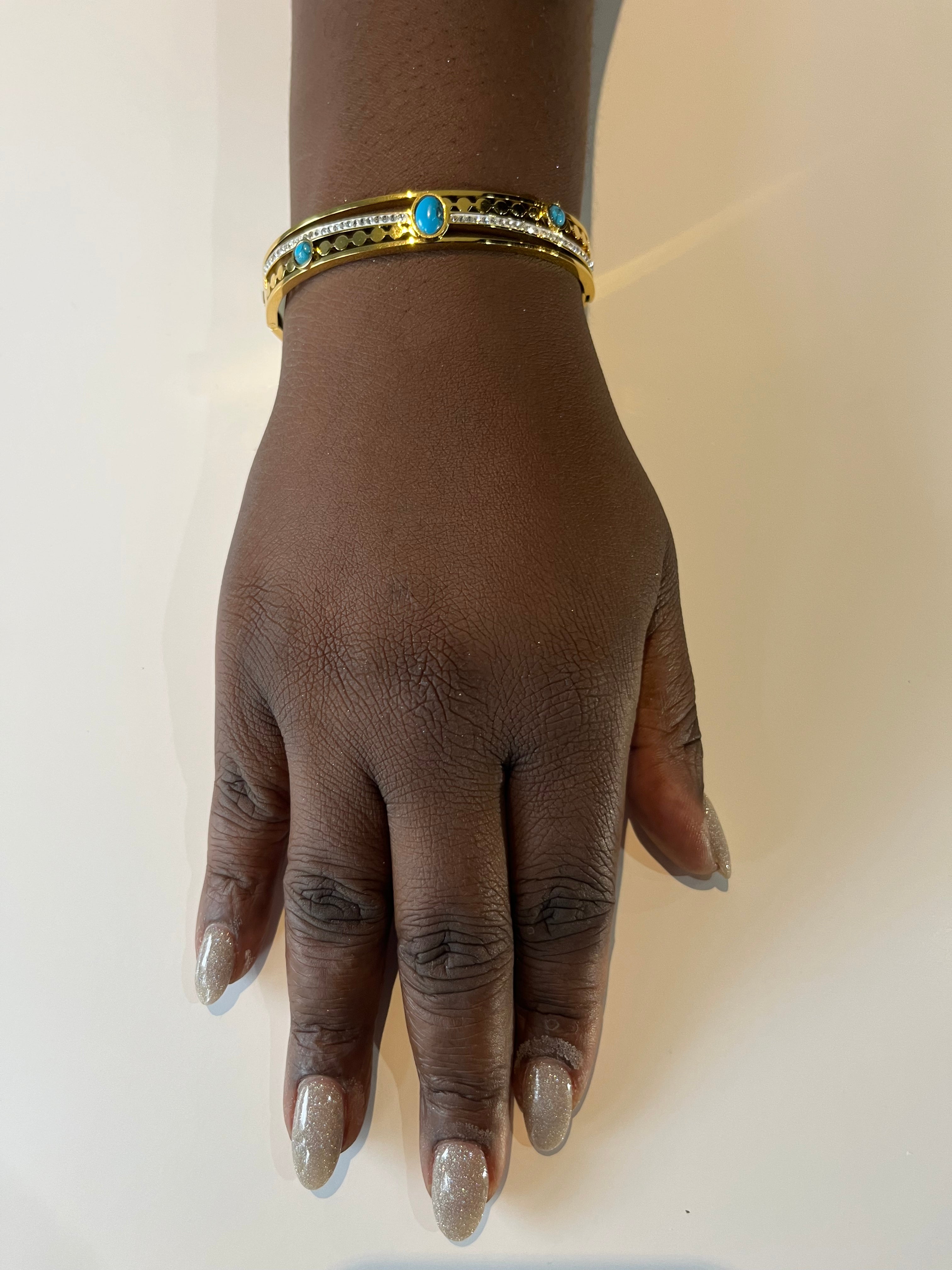 Stainless Steel Paved Zircon Bracelet with Turquoise Stone - SCBR5N07 - BUJIX