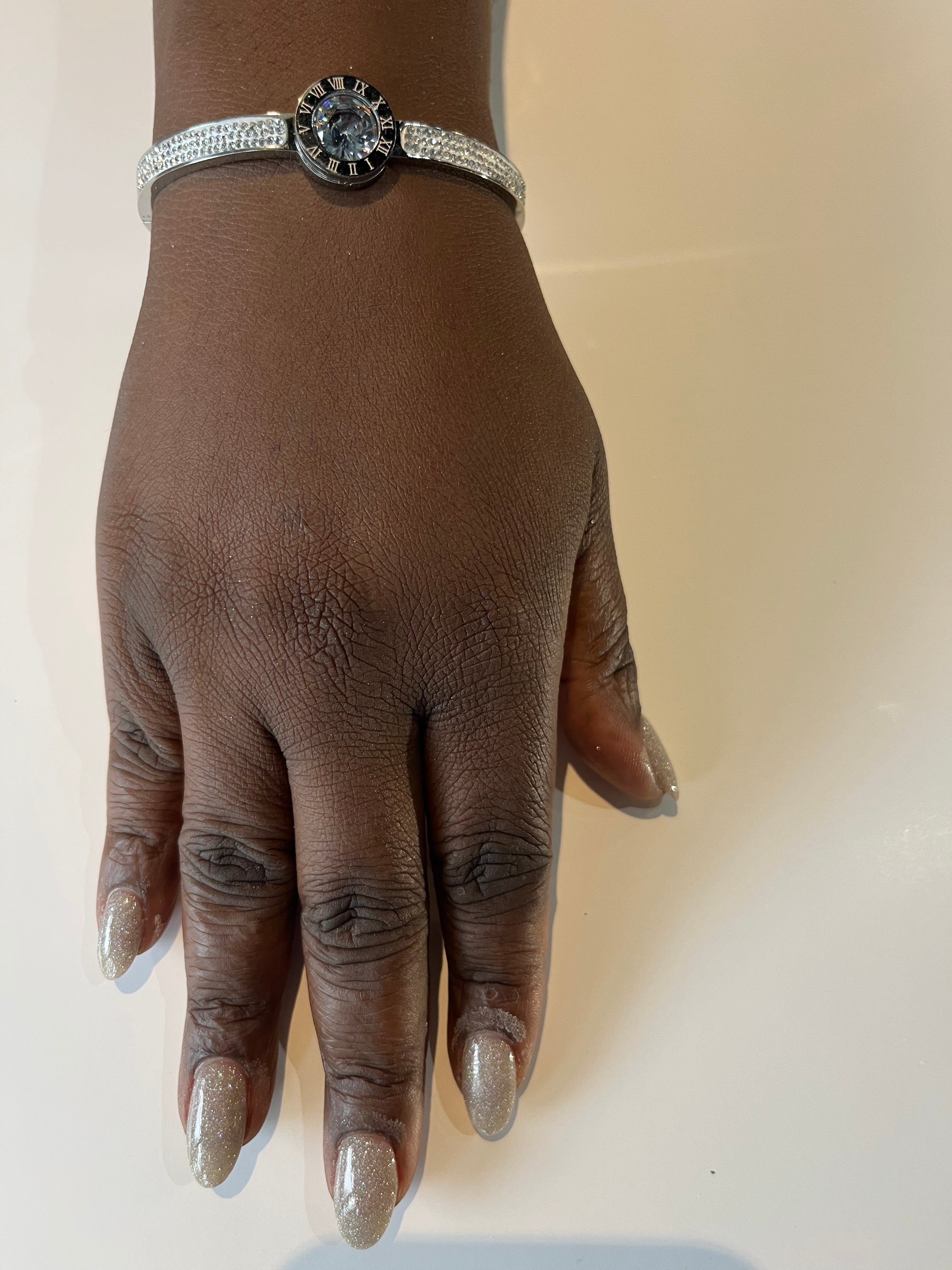 Stainless Steel Roman Numeral Bracelet with Paved Zircon - SCBR5N09 - BUJIX