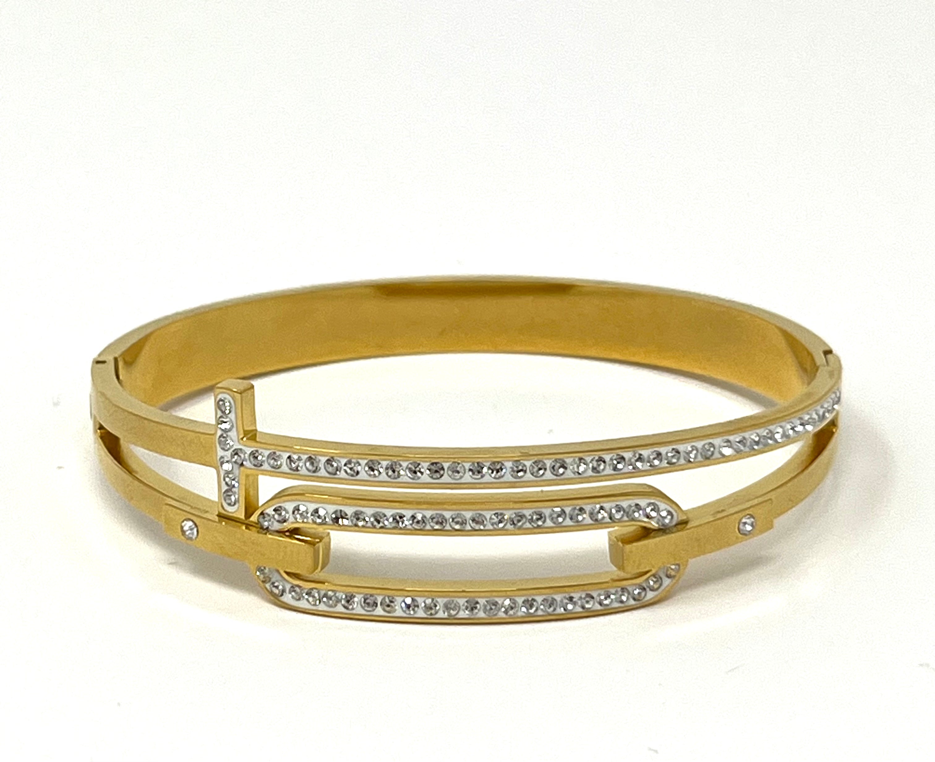Stainless Steel Zircon Ornated Bangle Bracelet - SCBR1N8 - BUJIX