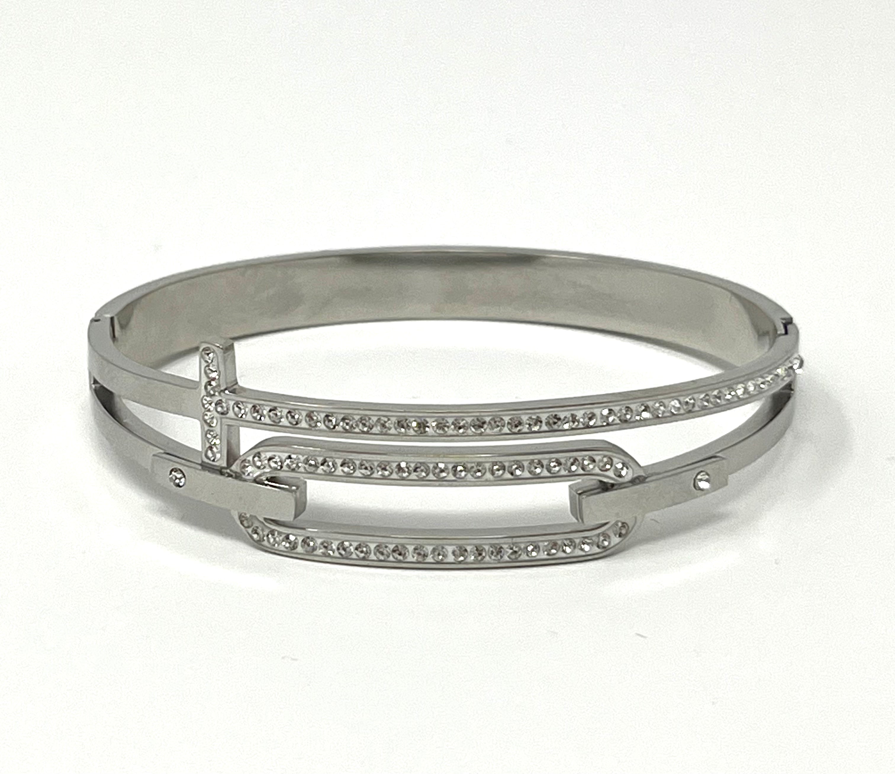 Stainless Steel Zircon Ornated Bangle Bracelet - SCBR1N8 - BUJIX