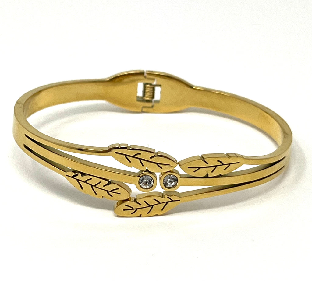 Stainless Steel Leaf Bracelet with Zircon Ornaments - SCBR3N04 - BUJIX