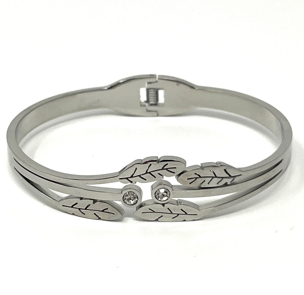 Stainless Steel Leaf Bracelet with Zircon Ornaments - SCBR3N04 - BUJIX