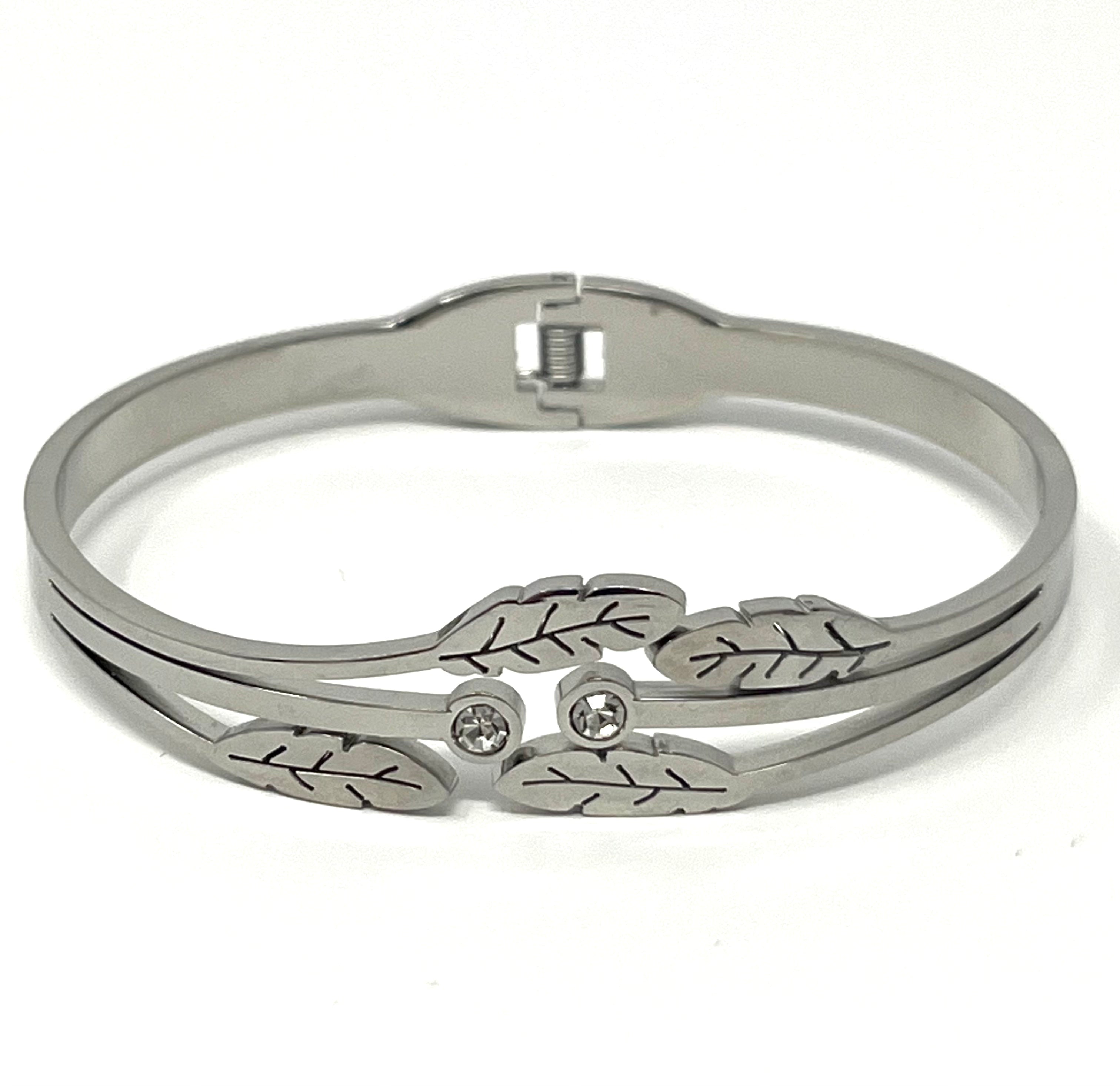 Stainless Steel Leaf Bracelet with Zircon Ornaments - SCBR3N04 - BUJIX