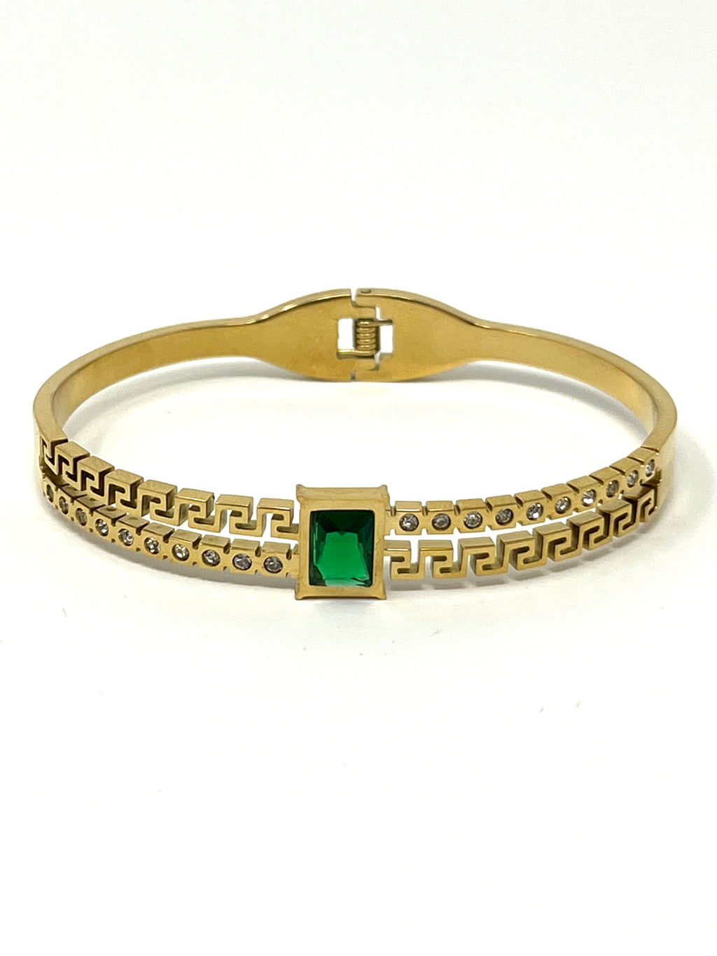 Stainless Steel Bangle Bracelet with Green Stone - SCBR3N05 - BUJIX