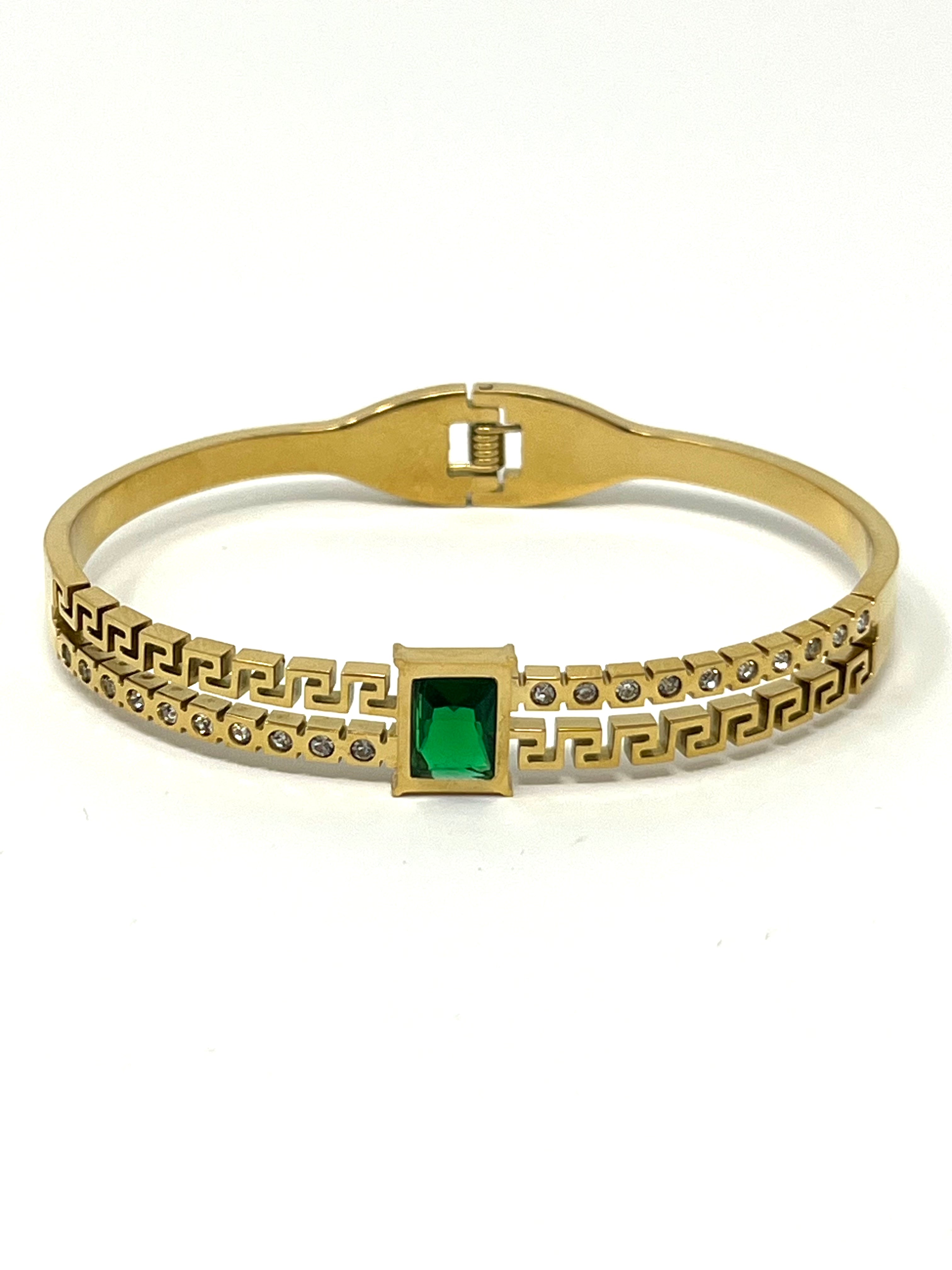 Stainless Steel Bangle Bracelet with Green Stone - SCBR3N05 - BUJIX