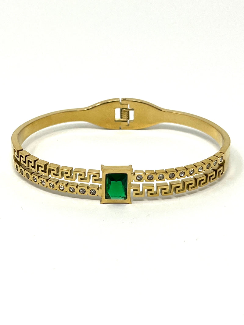 Stainless Steel Bangle Bracelet with Green Stone - SCBR3N05 - BUJIX
