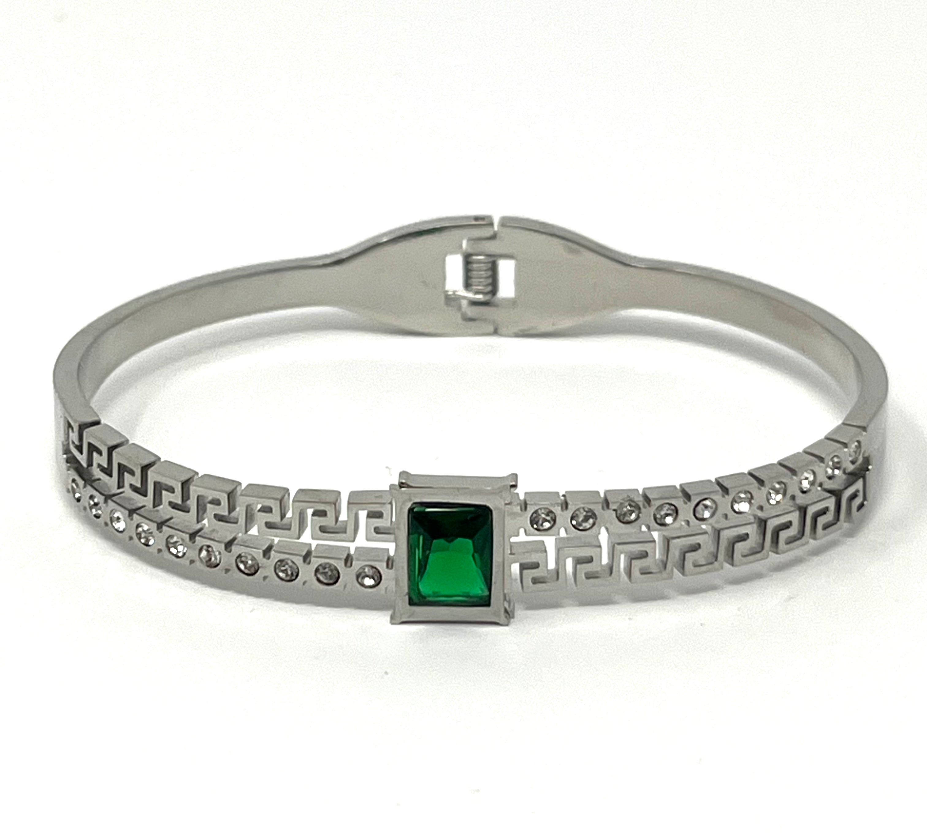 Stainless Steel Bangle Bracelet with Green Stone - SCBR3N05 - BUJIX