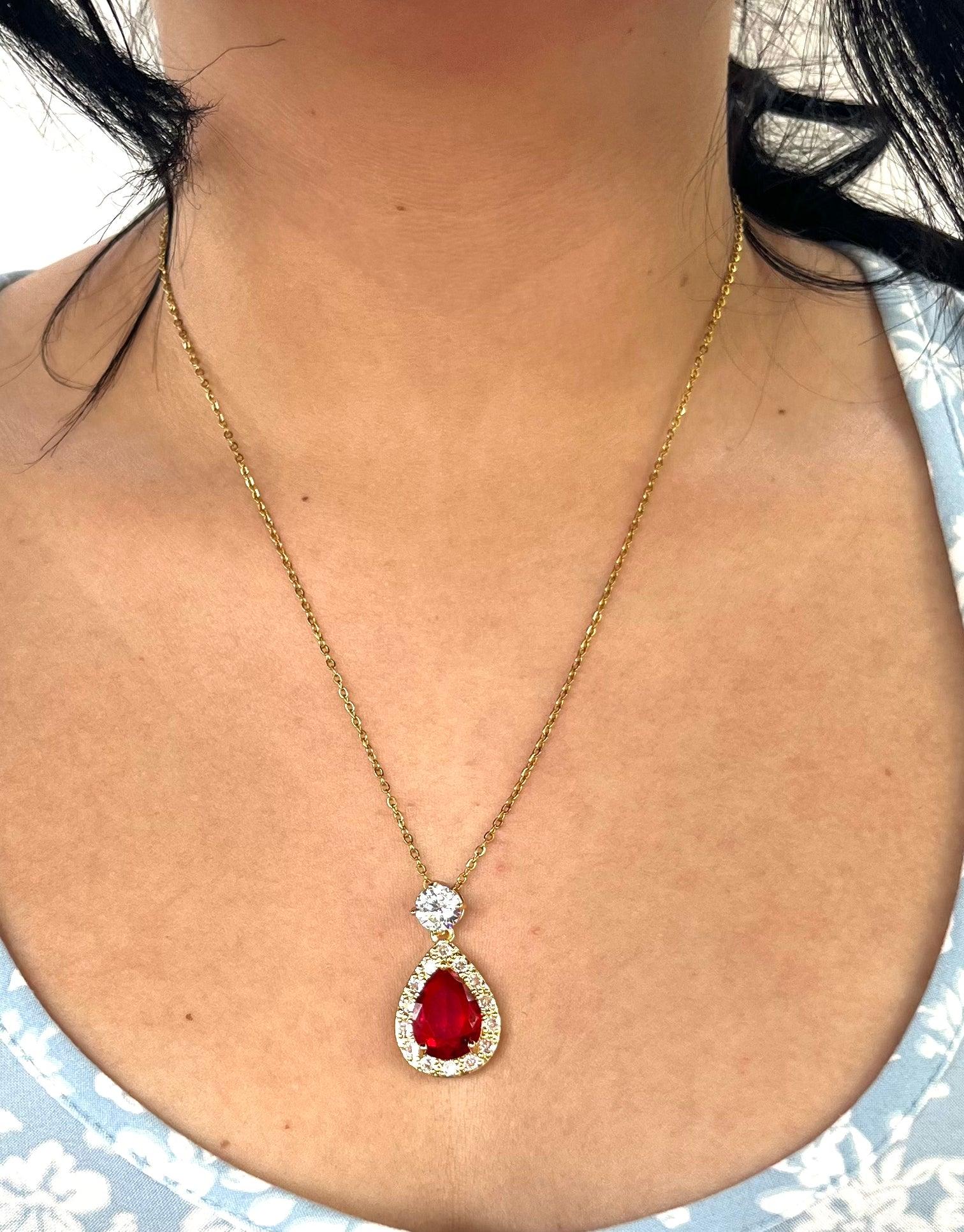 Stainless Steel Raindrop Red Gemstone Necklace - SNB010 - BUJIX