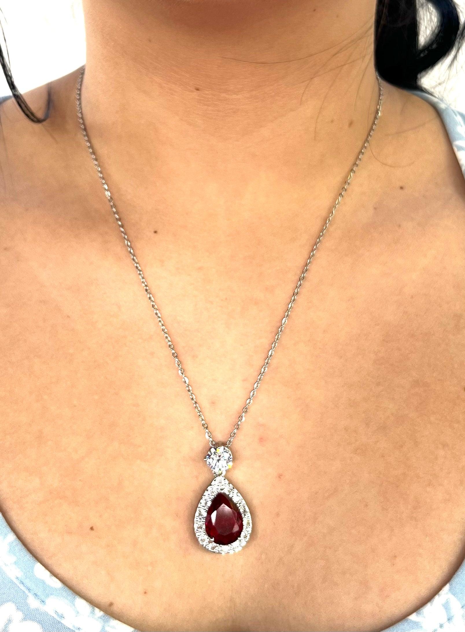 Stainless Steel Raindrop Red Gemstone Necklace - SNB010 - BUJIX