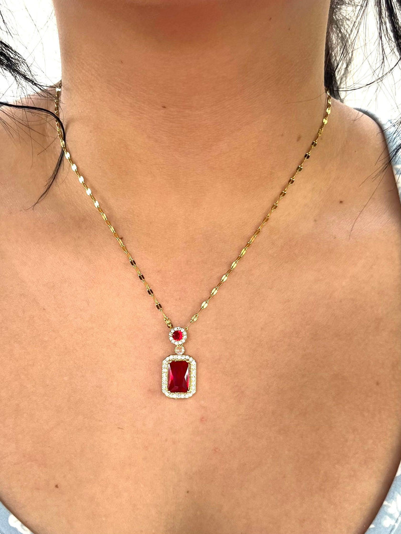Stainless Steel Baguette Red Pendant Necklace - SNB003 - BUJIX