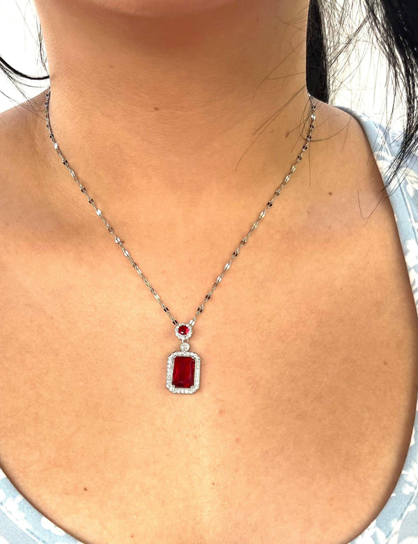 Stainless Steel Baguette Red Pendant Necklace - SNB003 - BUJIX