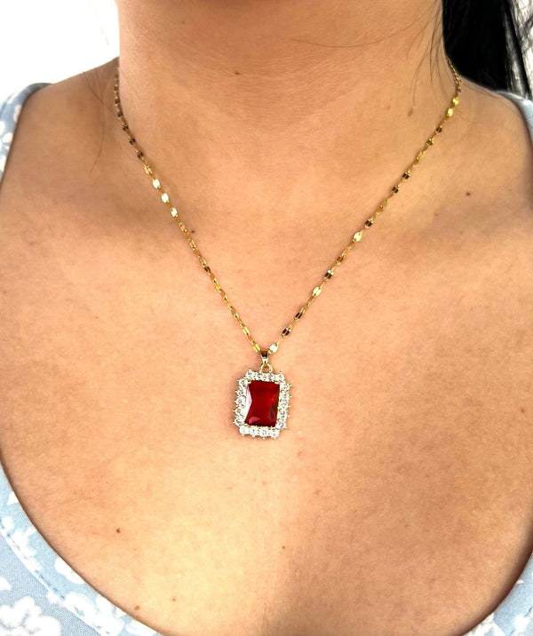 Stainless Steel Baguette Red Pendant Necklace - SNB004 - BUJIX
