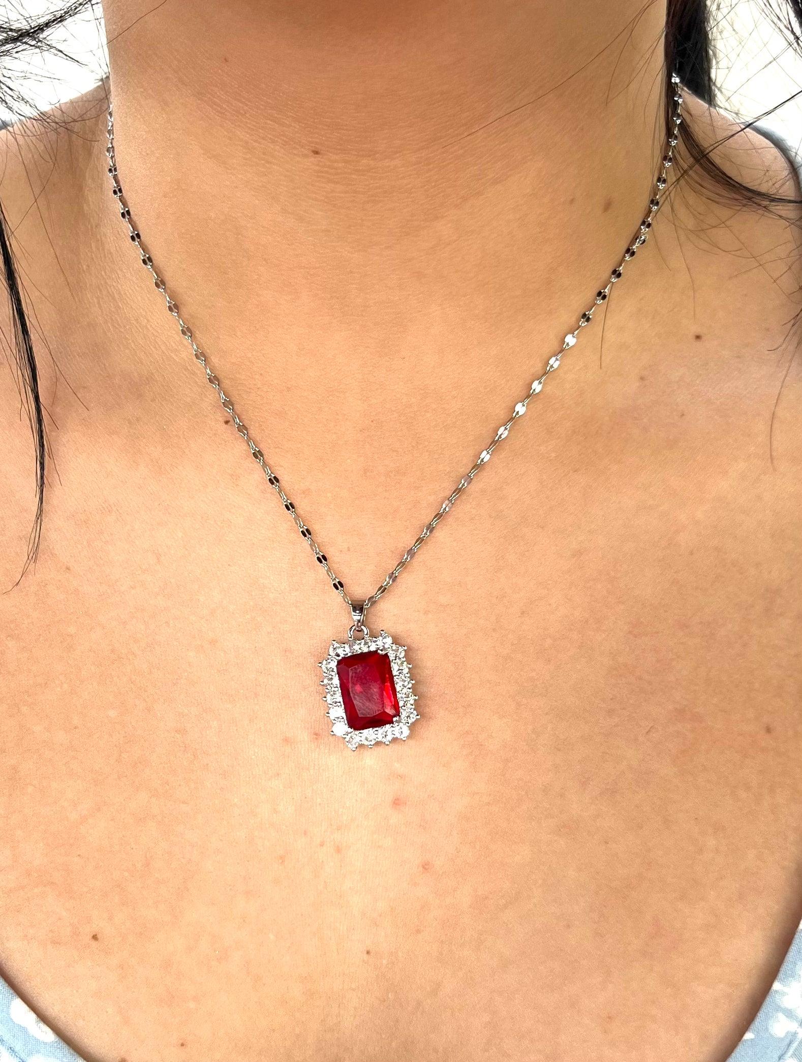 Stainless Steel Baguette Red Pendant Necklace - SNB004 - BUJIX