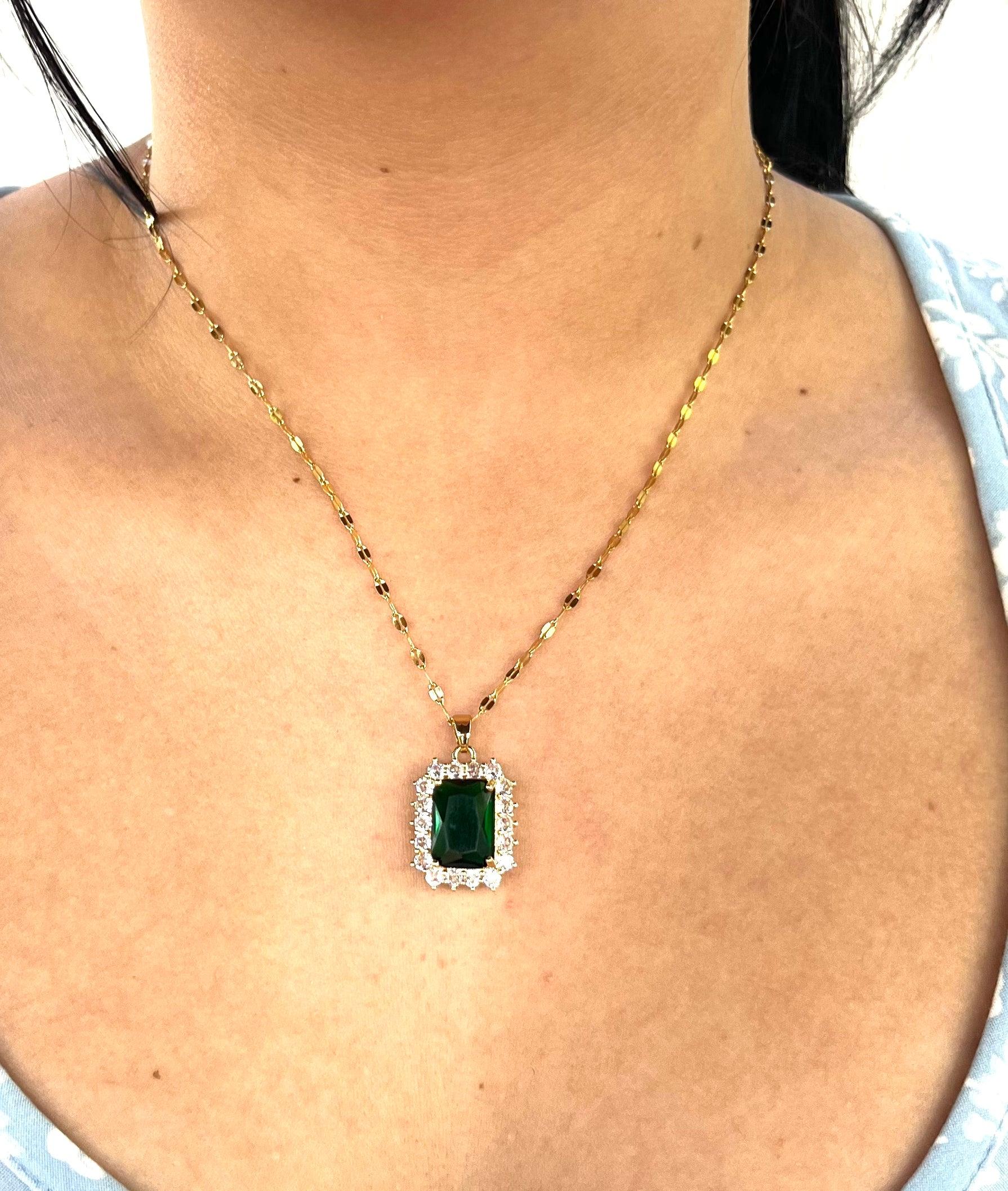 Stainless Steel Baguette Blue Pendant Necklace - SNB006 - BUJIX