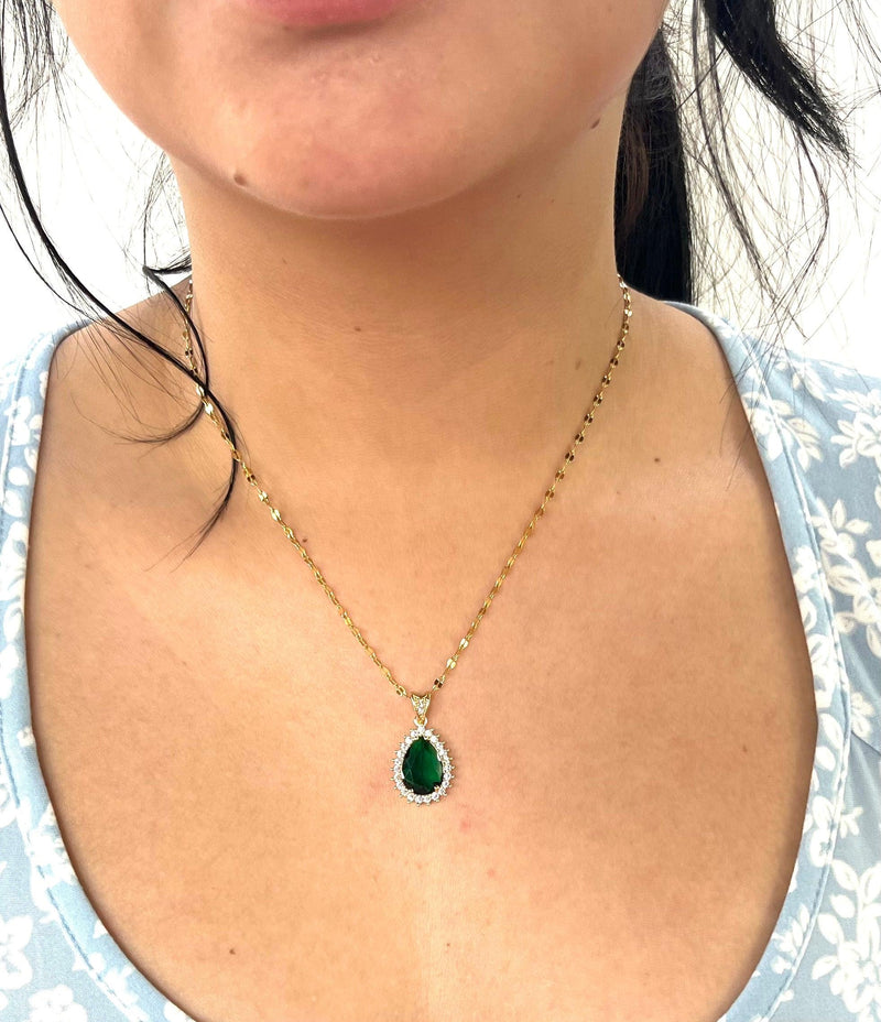 Stainless Steel Raindrop Green Gemstone Necklace - SNB008 - BUJIX