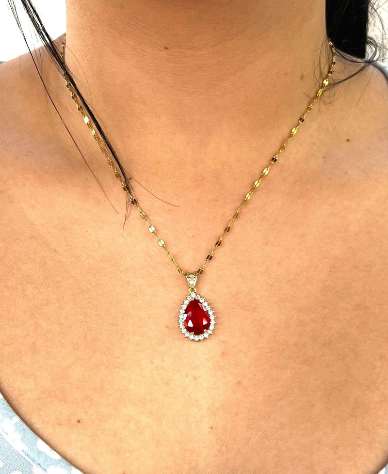 Stainless Steel Raindrop Red Gemstone Necklace - SNB009 - BUJIX