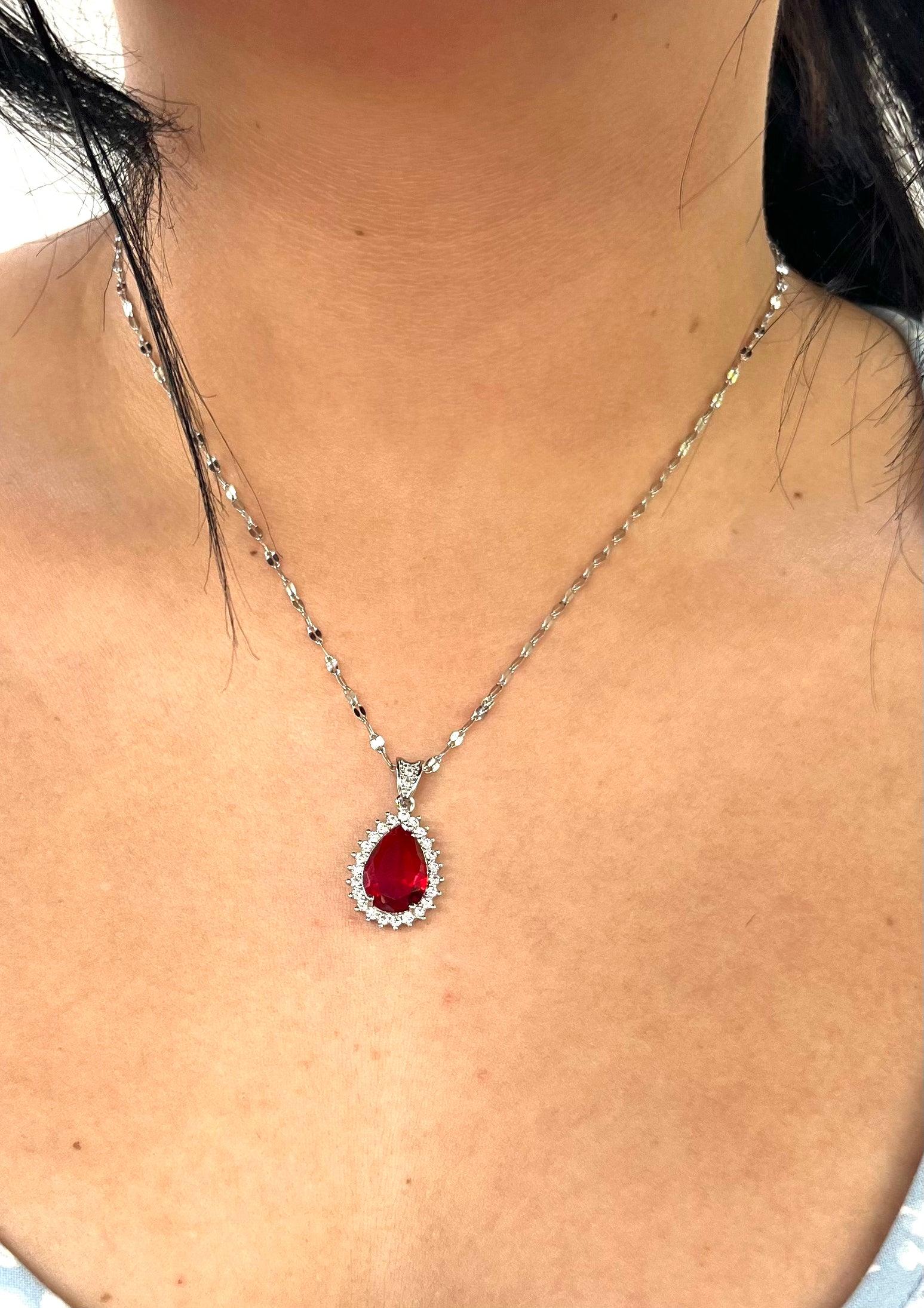 Stainless Steel Raindrop Red Gemstone Necklace - SNB009 - BUJIX