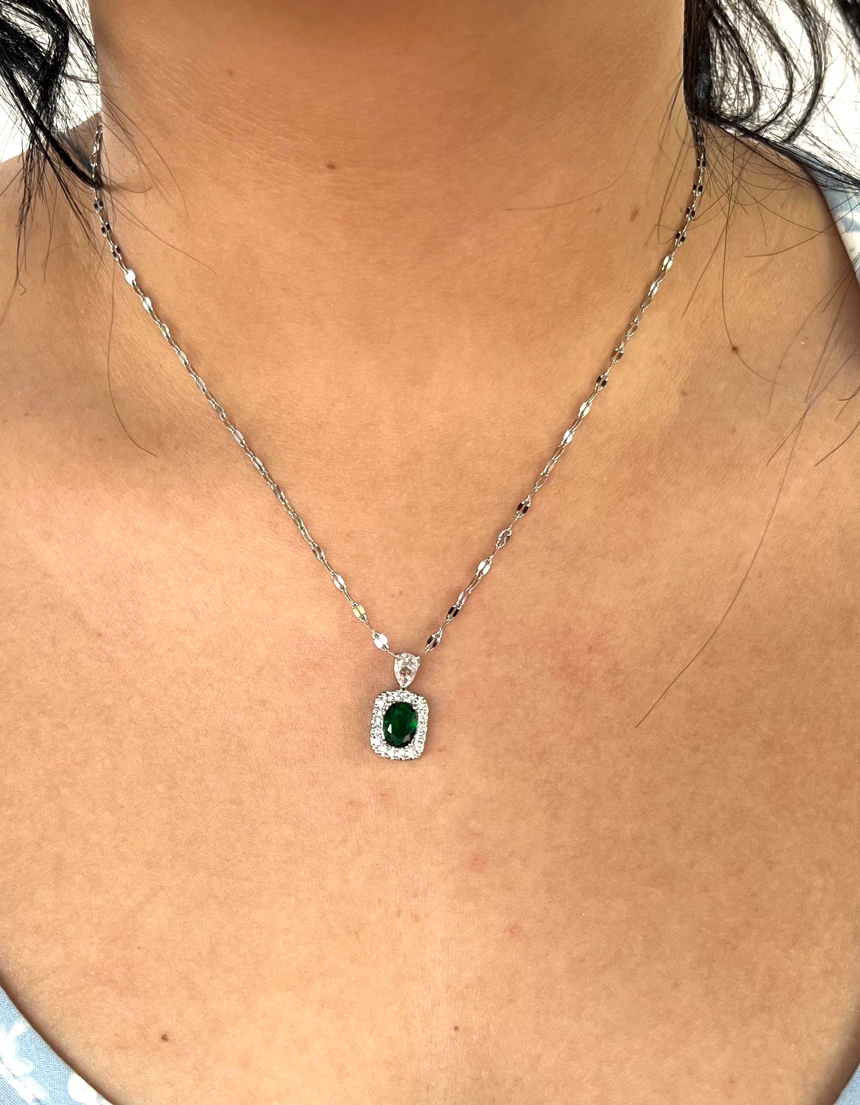 Stainless Steel Green Zircon Pendant Necklace with Gemstone - SNC010 - BUJIX