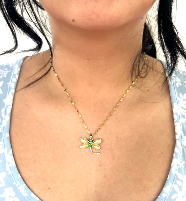Stainless Steel Dragonfly Pendant Necklace with Gemstone - SNC016 - BUJIX