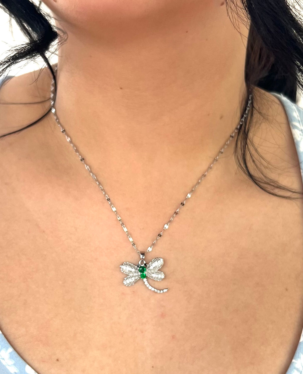 Stainless Steel Dragonfly Pendant Necklace with Gemstone - SNC016 - BUJIX