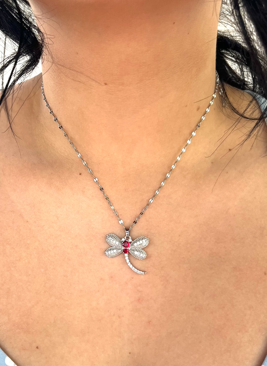 Stainless Steel Dragonfly Pendant Necklace with Gemstone - SNC016 - BUJIX