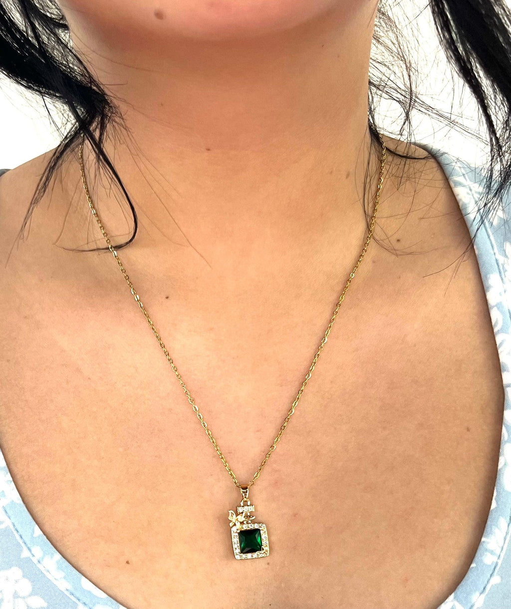 Stainless Steel Green Pendant Necklace with Butterfly - SNC006 - BUJIX