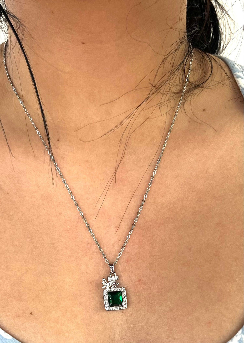 Stainless Steel Green Pendant Necklace with Butterfly - SNC006 - BUJIX