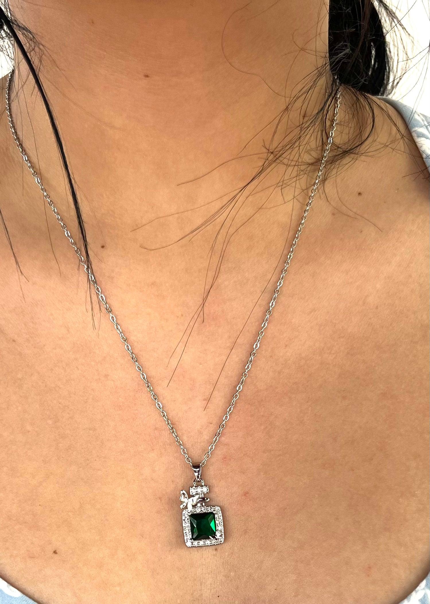 Stainless Steel Green Pendant Necklace with Butterfly - SNC006 - BUJIX