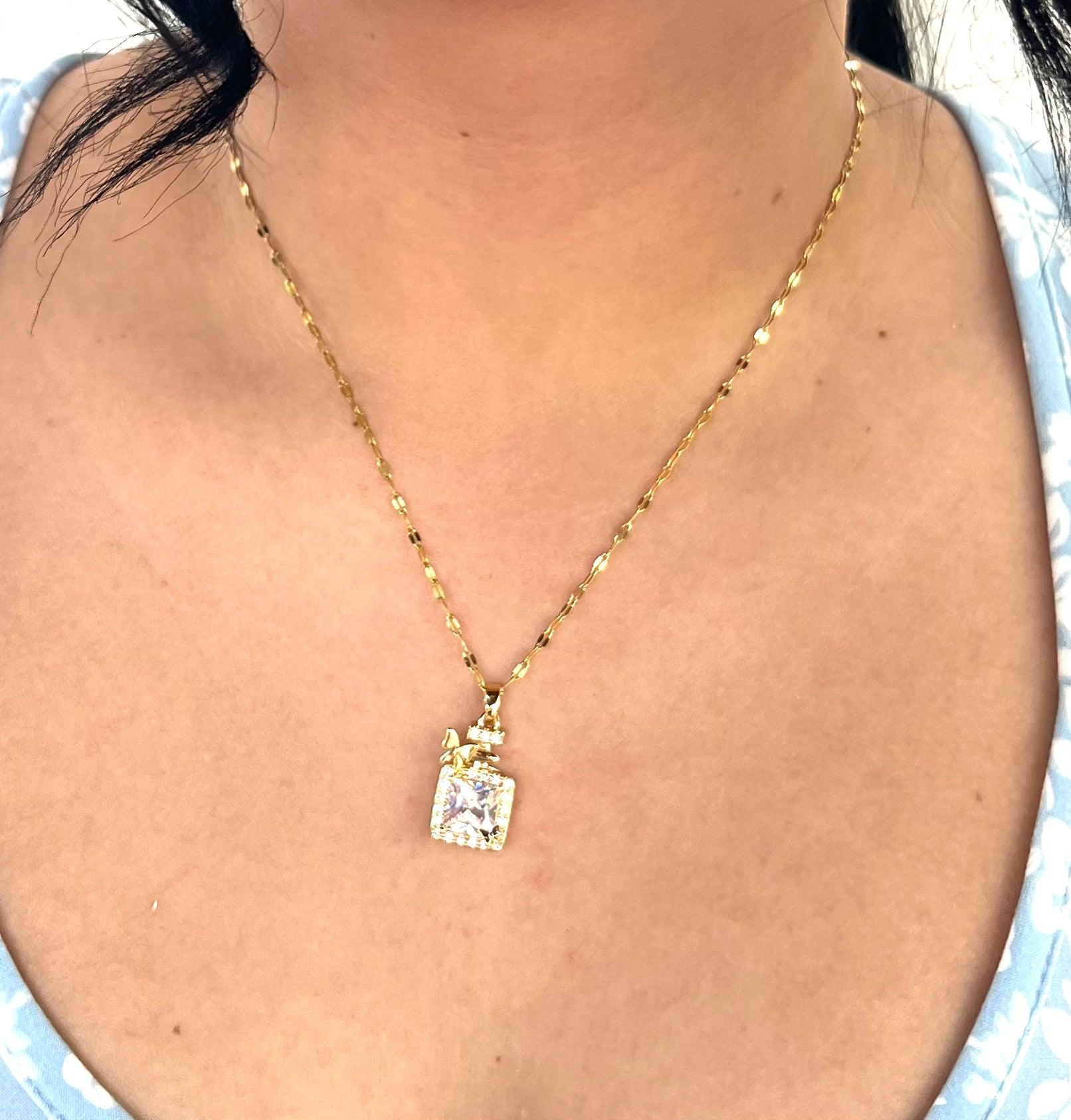 Stainless Steel Baguette Zircon Pendant Necklace with Butterfly - SNC008 - BUJIX