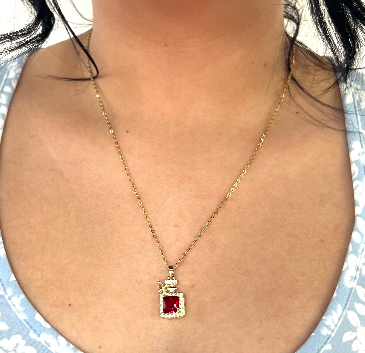 Stainless Steel Baguette Red Pendant Necklace with Butterfly - SNC009 - BUJIX